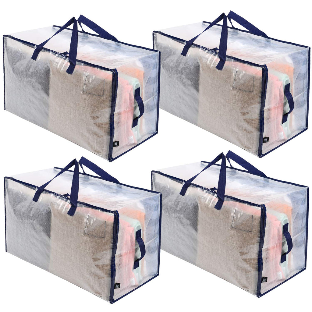 VENO Heavy Duty Extra Large Foldable Storage Bags with Zippers & Carrying Handles, Storage Containers Organizer Tote, Moving Boxes for College Dorm, Travel, Camping, Reusable (Clear, 4 Pack)