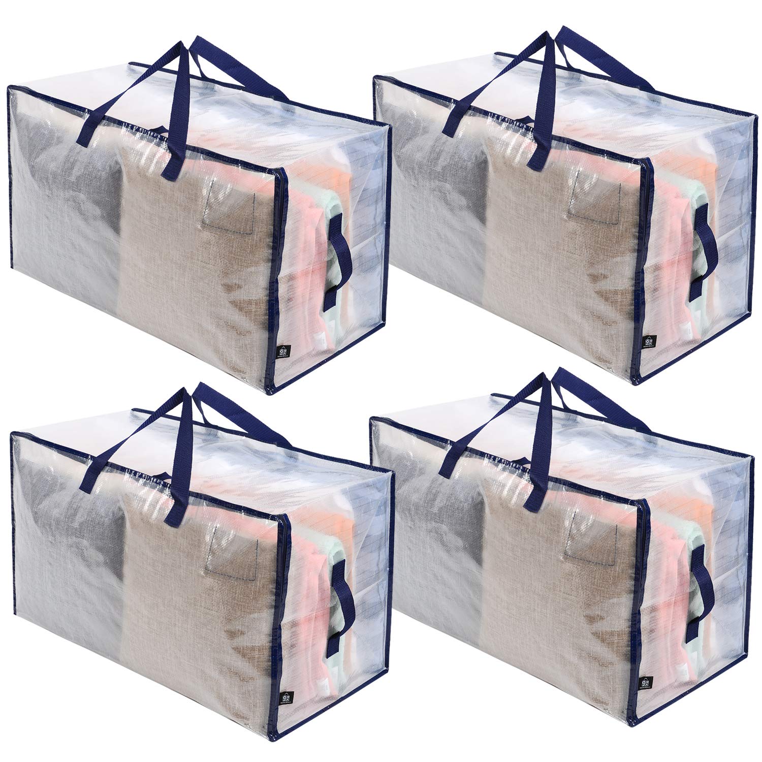 VENO Heavy Duty Extra Large Foldable Storage Bags with Zippers & Carrying Handles, Storage Containers Organizer Tote, Moving Boxes for College Dorm, Travel, Camping, Reusable (Clear, 4 Pack)