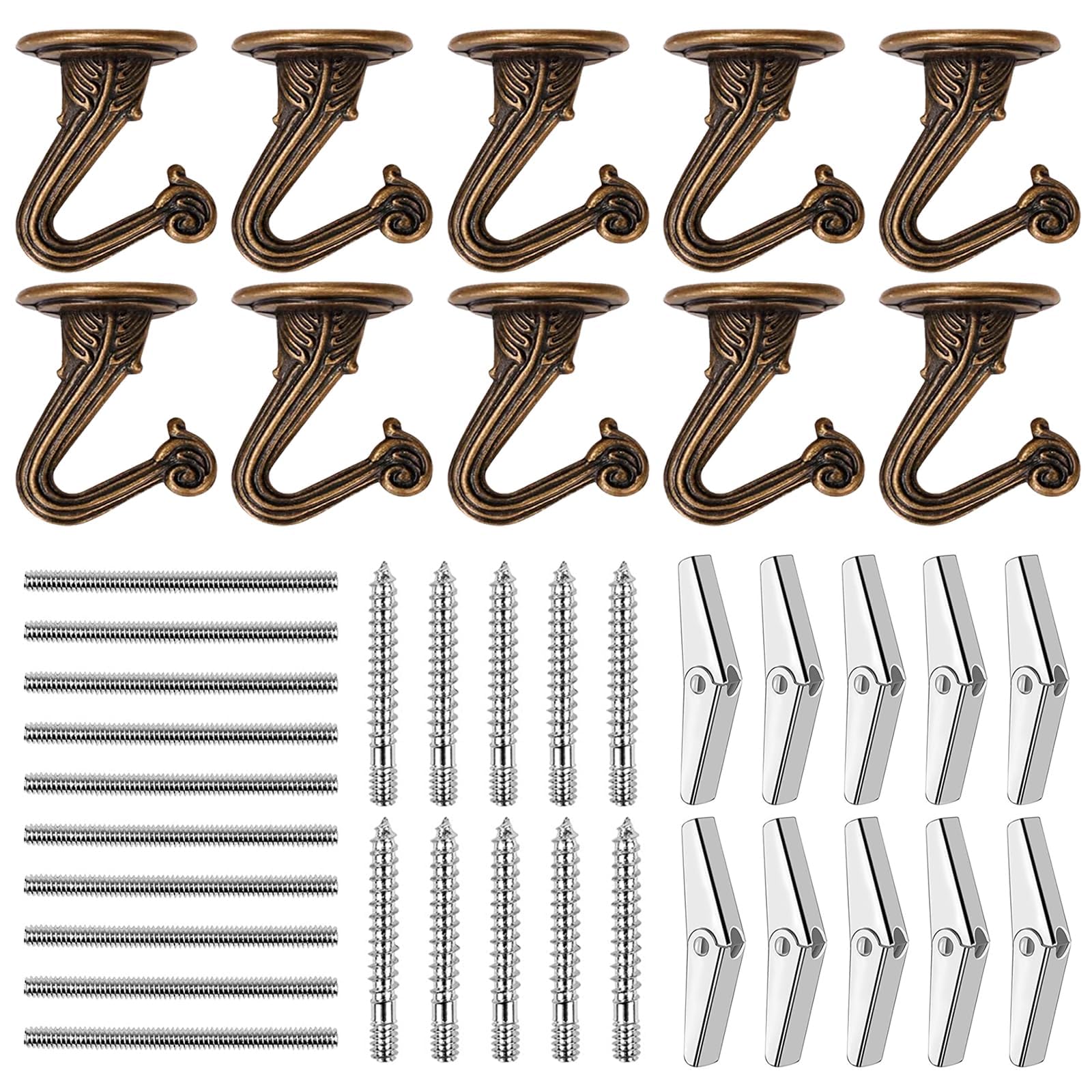 SEISSO 10 Sets Ceiling Hooks - Heavy Duty Metal Swag Hook with Hardware and Toggle Wings for Hanging Plants Ceiling Installation Cavity Wall Fixing Brass