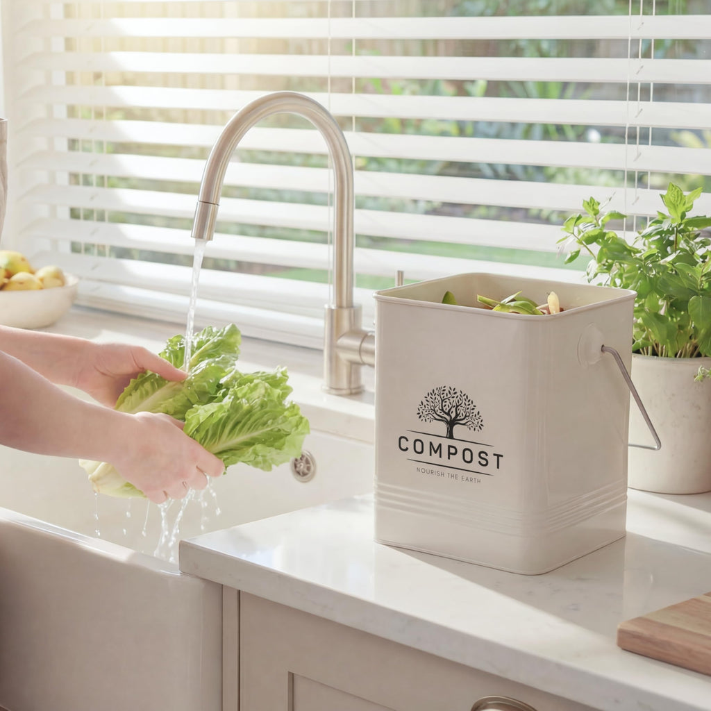 Perfnique Kitchen Compost Bin, 1.7 Gallon Countertop Compost Bin with Lid, Indoor Compost Bin Includes 2 Carbon Filters, Small Compost Bucket, Food Waste Bin for Kitchen with Trash Bags (Cream White)