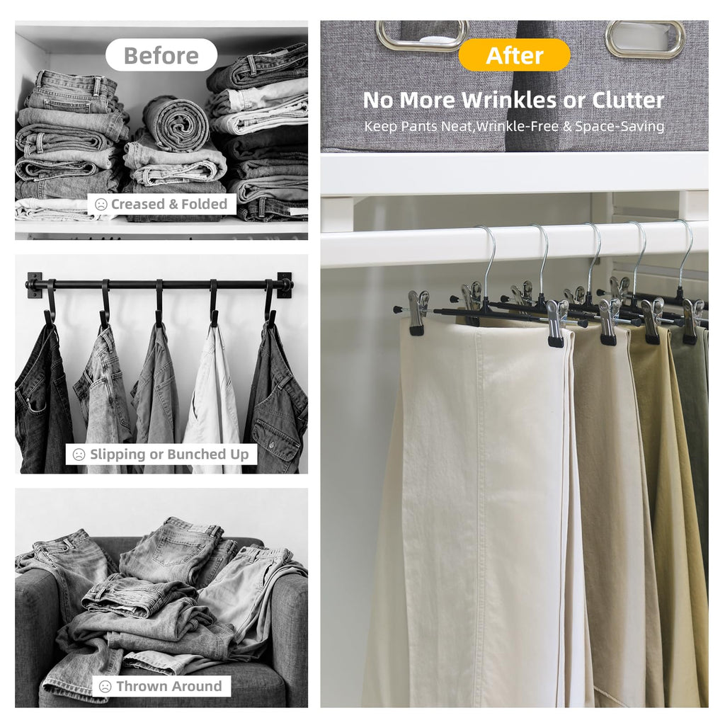 30 Pack Pants Hangers with Clips, 12 Inch Adjustable Skirt Hangers, Space Saving Non-Slip Clip Hangers with 360° Swivel Hook for Jeans, Shorts, Socks, Scarves
