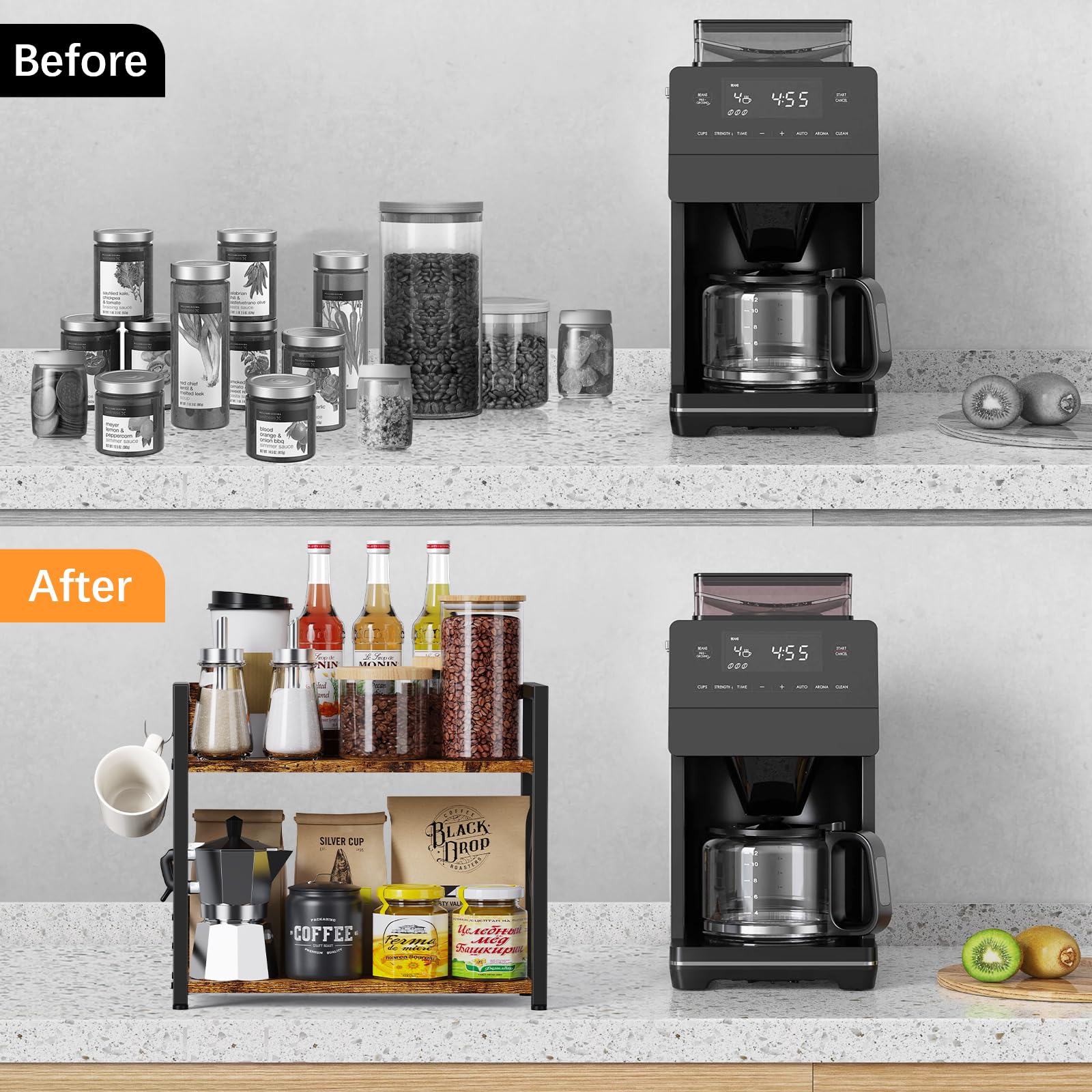 2 Tier Kitchen Counter Shelf Organizer, Coffee Bar Station Organizer for Countertop，Space Saving Spice Rack, Desk Shelf Riser, Coffee Bar Accessories