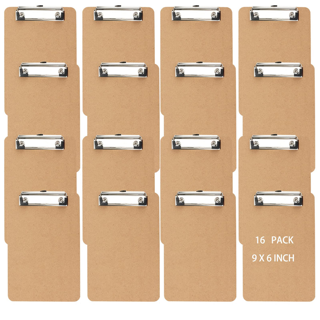 HEIHAK 16 Pack 6 x 9 Inches Mini Clipboards, A5 Memo Size Clipboards, Small Wood Hardboard Low Profile Clip for Home, Office, Classroom Supplies, Brown