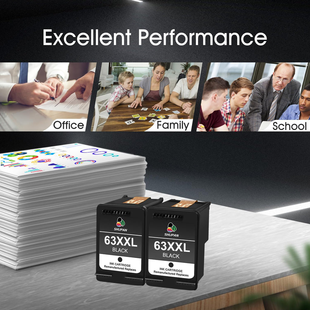 XXL 63 Black Ink Cartridges 2 Pack Remanufactured for HP 63XXL 63XL Ink Work for HP Officejet 3830 4650 5255 5258 5200 4652 4655 Envy 4520 4512 DeskJet 2130 2132 Printer (2 Black)