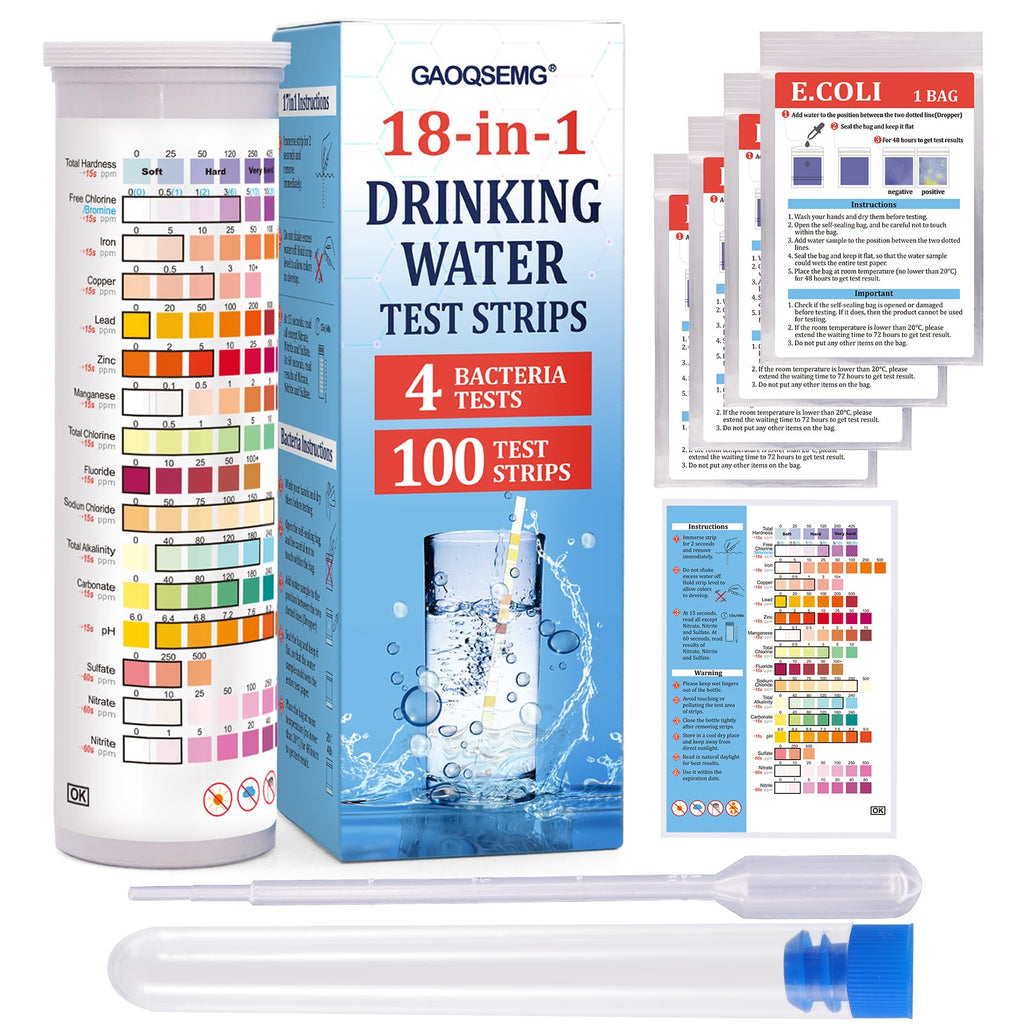 18 in 1 Water Testing Kit for Drinking Water,Well Home Tap Water Test Kit Drinking Water Test Strips for Hardness,Lead,Chlorine,Fluoride,Nitrate,pH,Iron,Copper,Cyanuric Acid,100 Strips