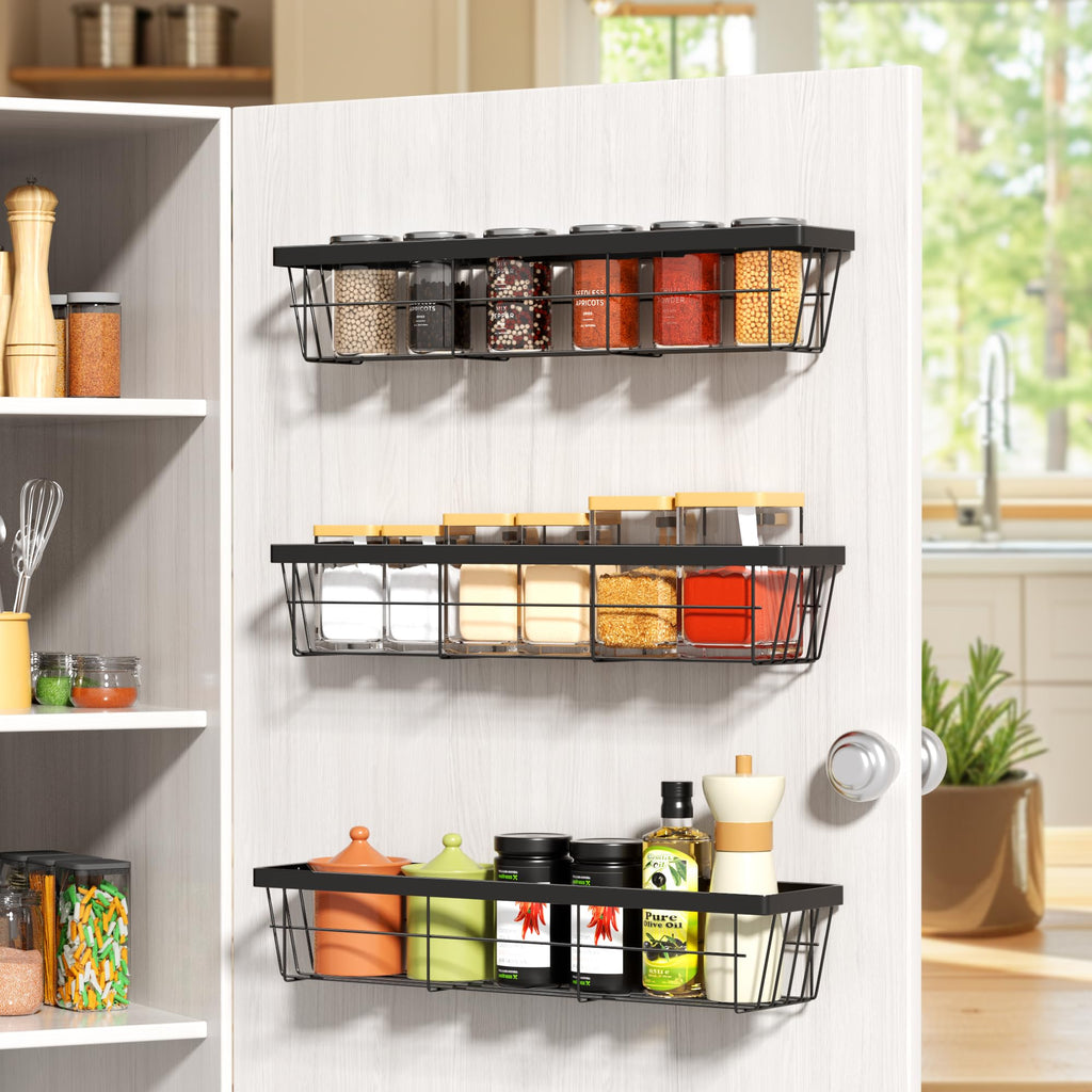 3 Pack Kitchen Cabinet Over the Door Organizer,3 Tier Spice Rack,Metal Pantry Organizers,Self Adhesive Kitchen Cabinet Organizer,Cabinet Door Storage Box for Bathroom/Kitchen/RVs. (Black)