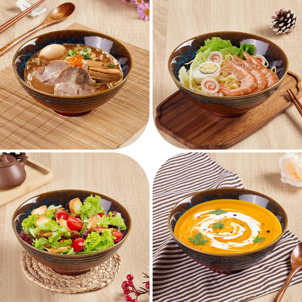 2X Ceramic Ramen Bowls - 40 oz - 20cm - with Spoon and Chopsticks for Ramen Soup Pho Udon Asian Noodles, Large Noodle Bowls (Cat's Eye Glaze 2 Sets)