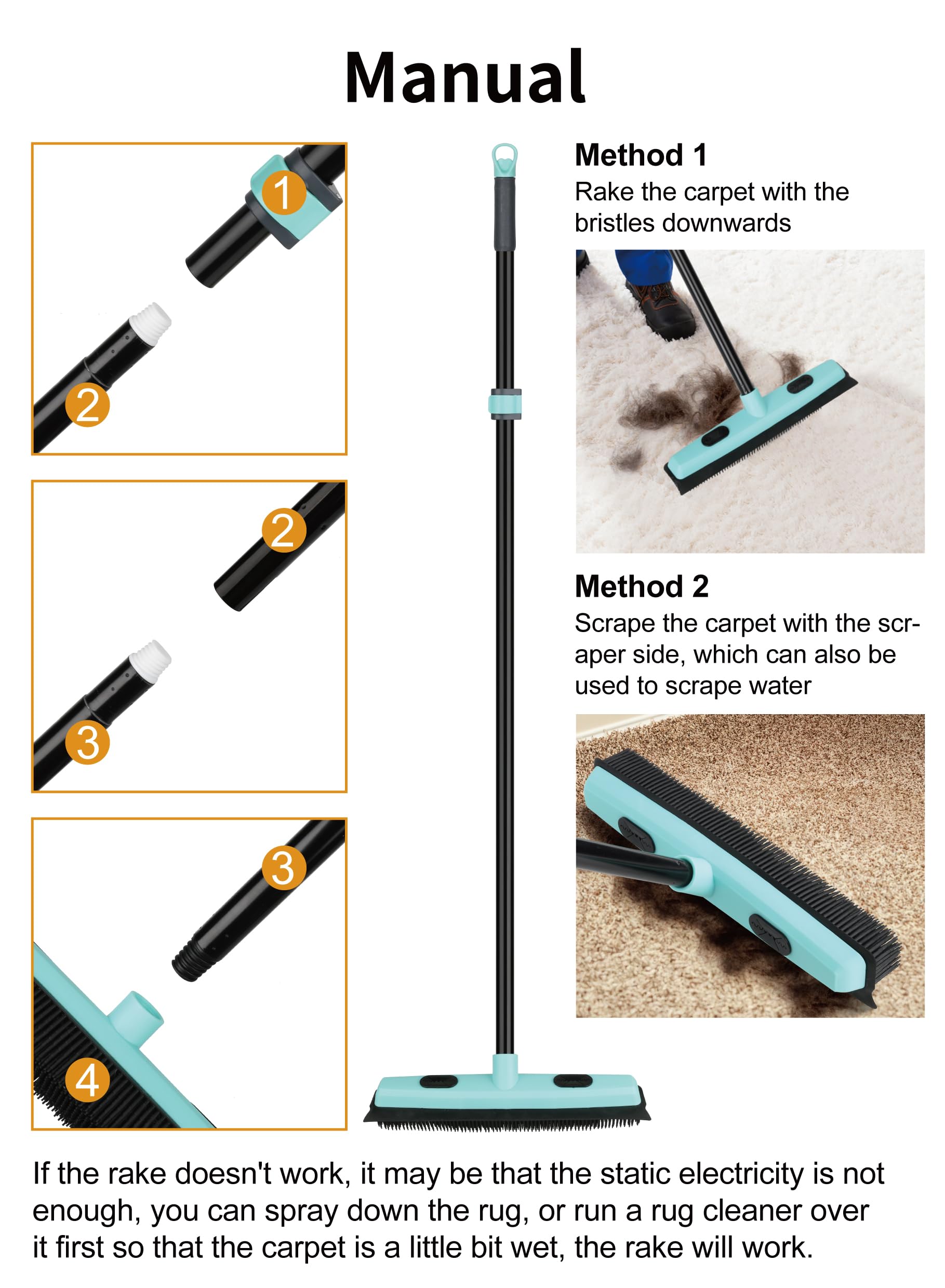 Rubber Broom Carpet Rake for Pet Hair Removal, Fur Remover Broom with 59" Telescoping Long Handle, Pet Hair Broom with Squeegee for Carpet, Hardwood Floor, Tile