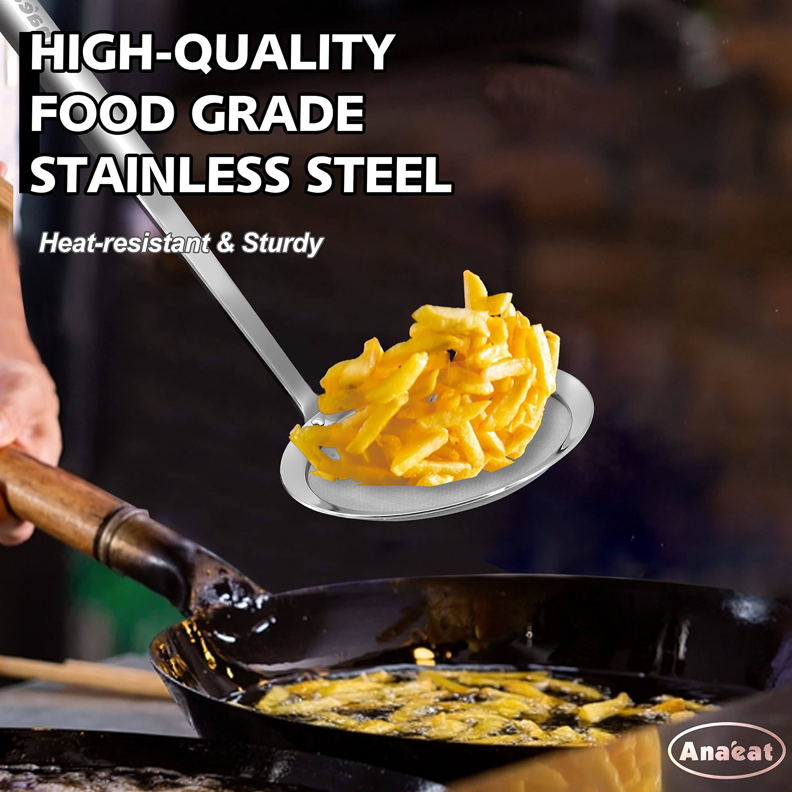 Anaeat Stainless Steel Fat Skimmer Spoon - Set of 3 Professional Kitchen Fine Mesh Food Strainer and Hot Pot Skimmer with Long Handle for Skimming, Cooking, Frying, Grease, Gravy and Foam (3"+4"+4.7")