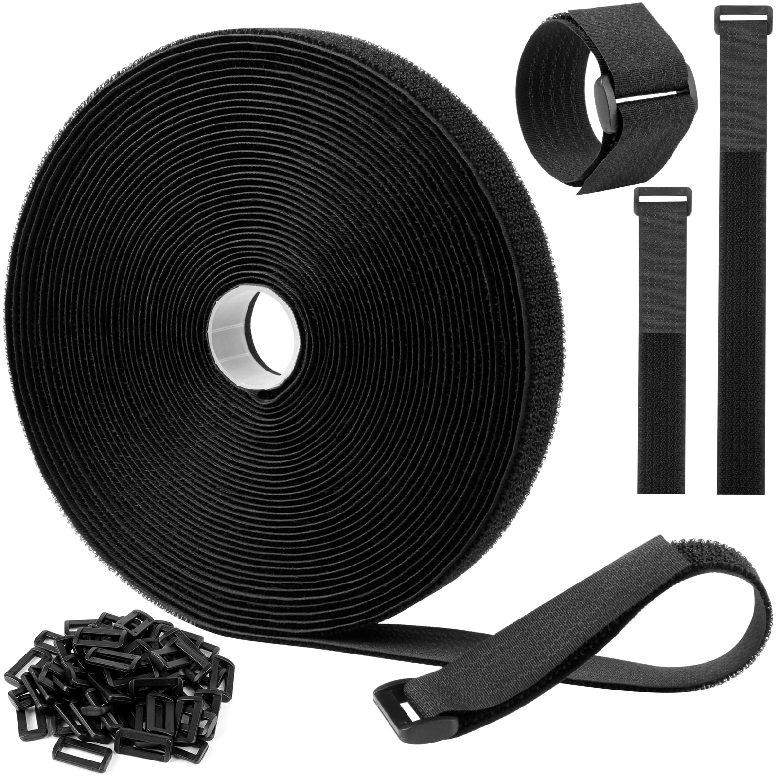 Moyisea 1''x40ft Hook and Loop Straps with 60 Buckles, Adjustable Cable Straps, Free Cut Length, Reusable Nylon Securing Cord Ties for Organizer or Storage, 1in Wide, Black
