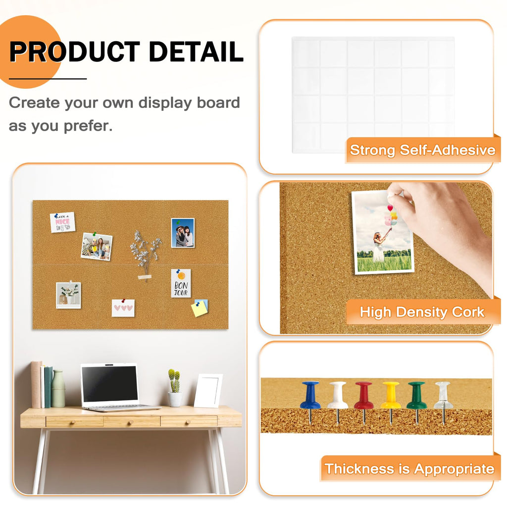 AMUSIGHT Cork Board Tiles, 6 Packs 12" x 12" 1/2" Thick Cork Bulletin Board Pin Board Self Adhesive Cork Boards for Walls with 60 Pushpins for Home Office Kitchen School