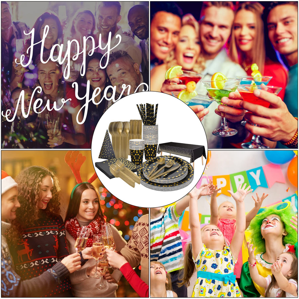 202pcs Eco-Friendly Disposable Black and Gold Paper Plates Cutlery Napkins Cups Tablecloth Banner Supplies Bulk, Non-Plastic Dinnerware Decorations for Party Wedding Birthday Dinner Dessert (25 Guest)