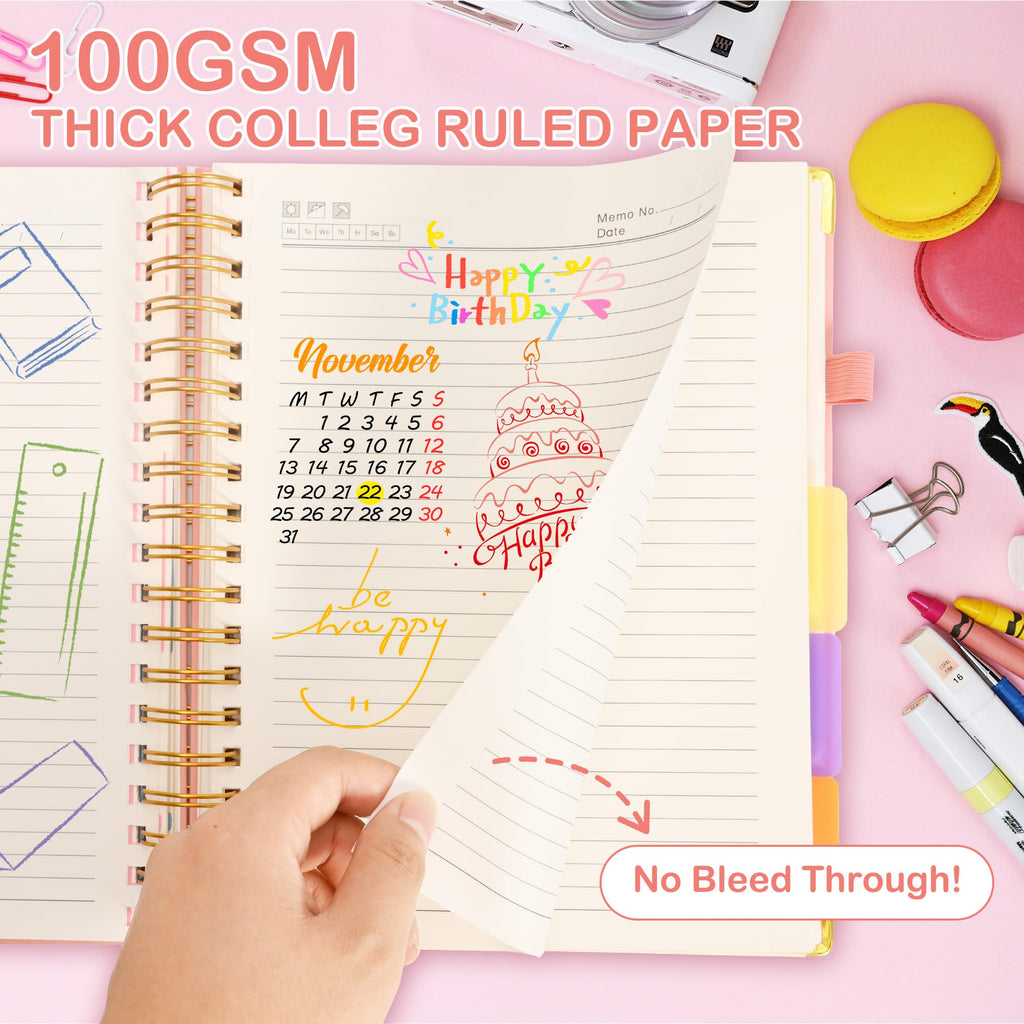5 Subject Notebook with Removable Dividers Tabs, 300 Pages Leather Hardcover Spiral Notebook College Ruled, 8"x10" Large B5 Notebooks for Work School, Lined Journal for Women, Pink
