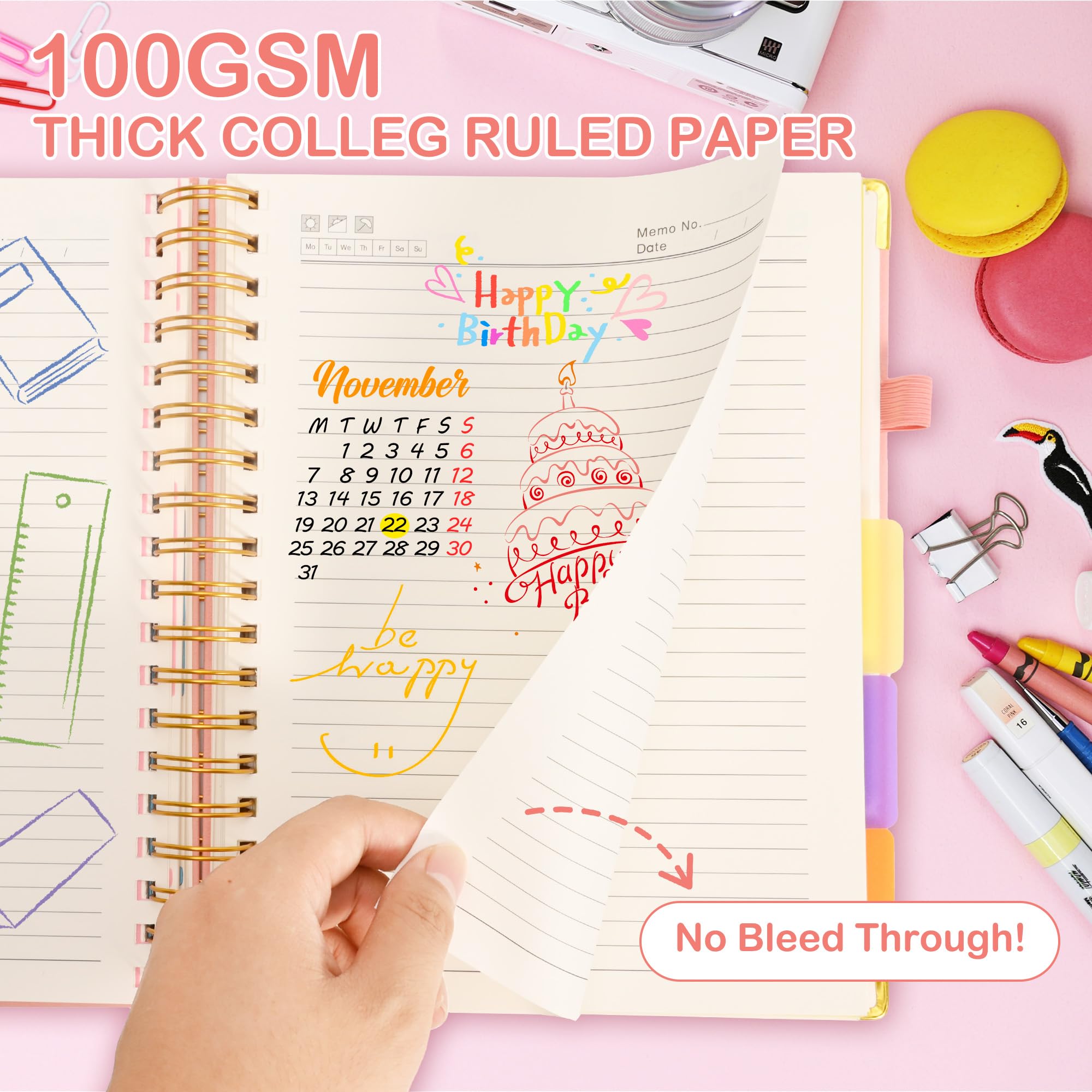 5 Subject Notebook with Removable Dividers Tabs, 300 Pages Leather Hardcover Spiral Notebook College Ruled, 8"x10" Large B5 Notebooks for Work School, Lined Journal for Women, Pink