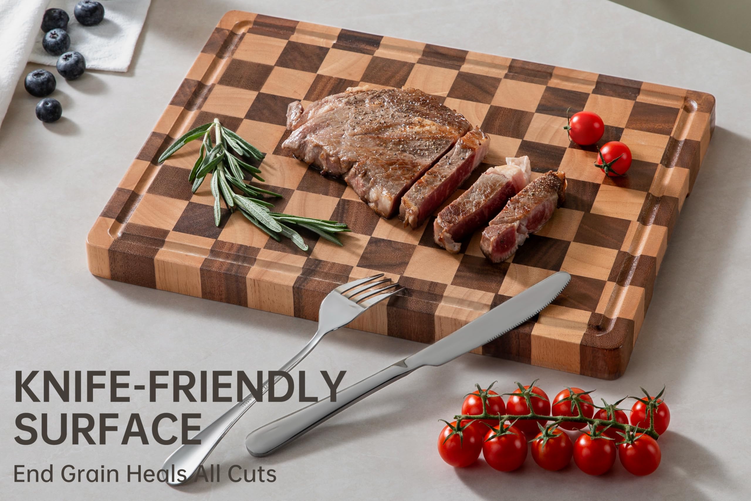 THETCHRY End Grain Cutting Boards for Kitchen, Wooden Cutting Board, Acacia Wood Chopping Board with Juice Groove & Handle, Butcher Block for Meat, Bread & Fruit, 14" L x 11" W x 0.8" Th