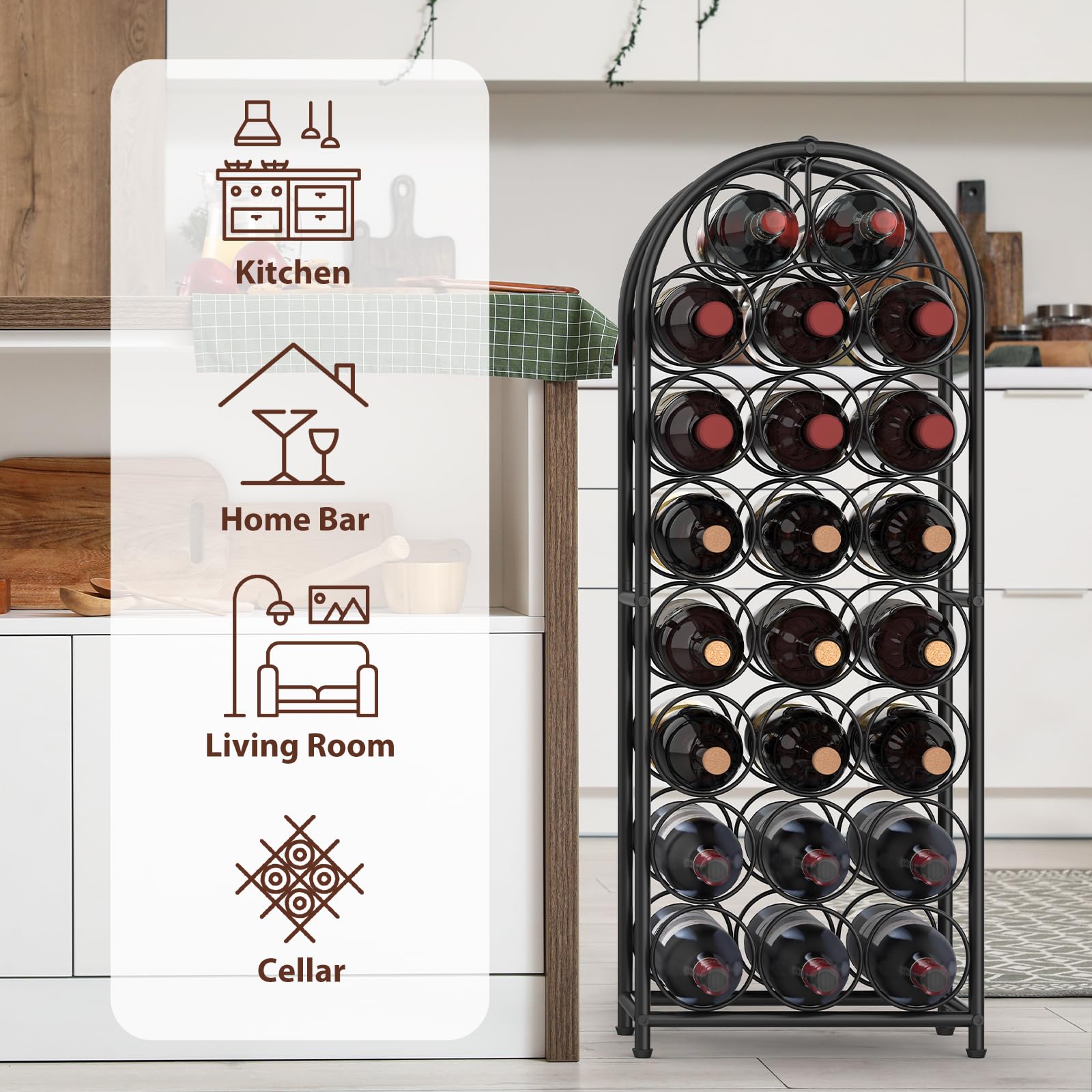KANEODOT 23-Bottle Freestanding Wine Rack with Handle, 82cm Tall Metal Wine Holder with Adjustable Feet, Storage Organizer and Display Rack for Bar, Kitchen, Pantry, Dining Room, Living Room, Black