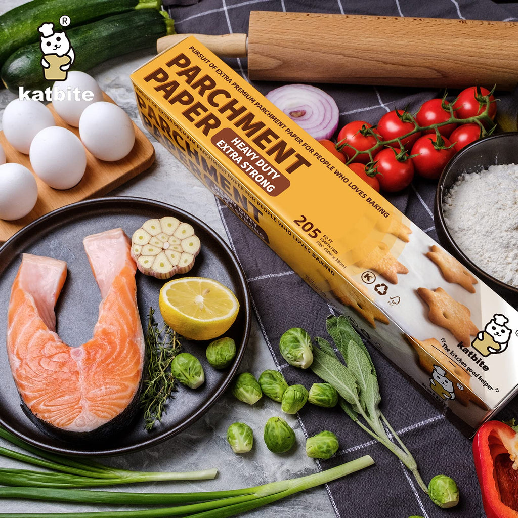 Katbite Parchment Paper Roll for Baking, 2 Pack of 15 in x 210 ft, Heavy Duty Cooking Paper for Baking Bread, Cookies, Non-Stick for Oven, Air Fryer, Steamer, Heat Press with 2Pcs of Slide Cutter