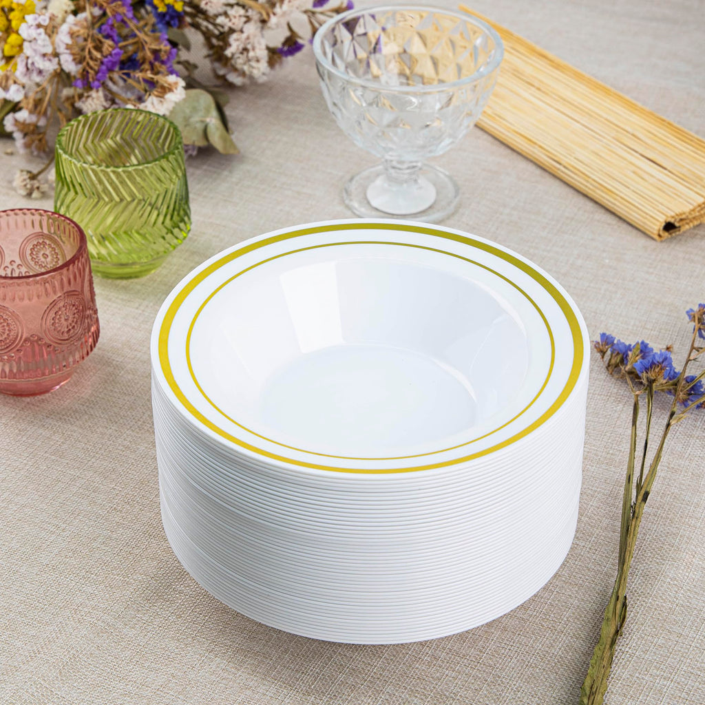 SETUP [12 oz. - 50 Piece] Dessert Soup Bowls with Gold Rim, Bowls Disposable - Premium Heavy-Duty Disposable Soup Bowls for Party, Wedding, and All Occasions