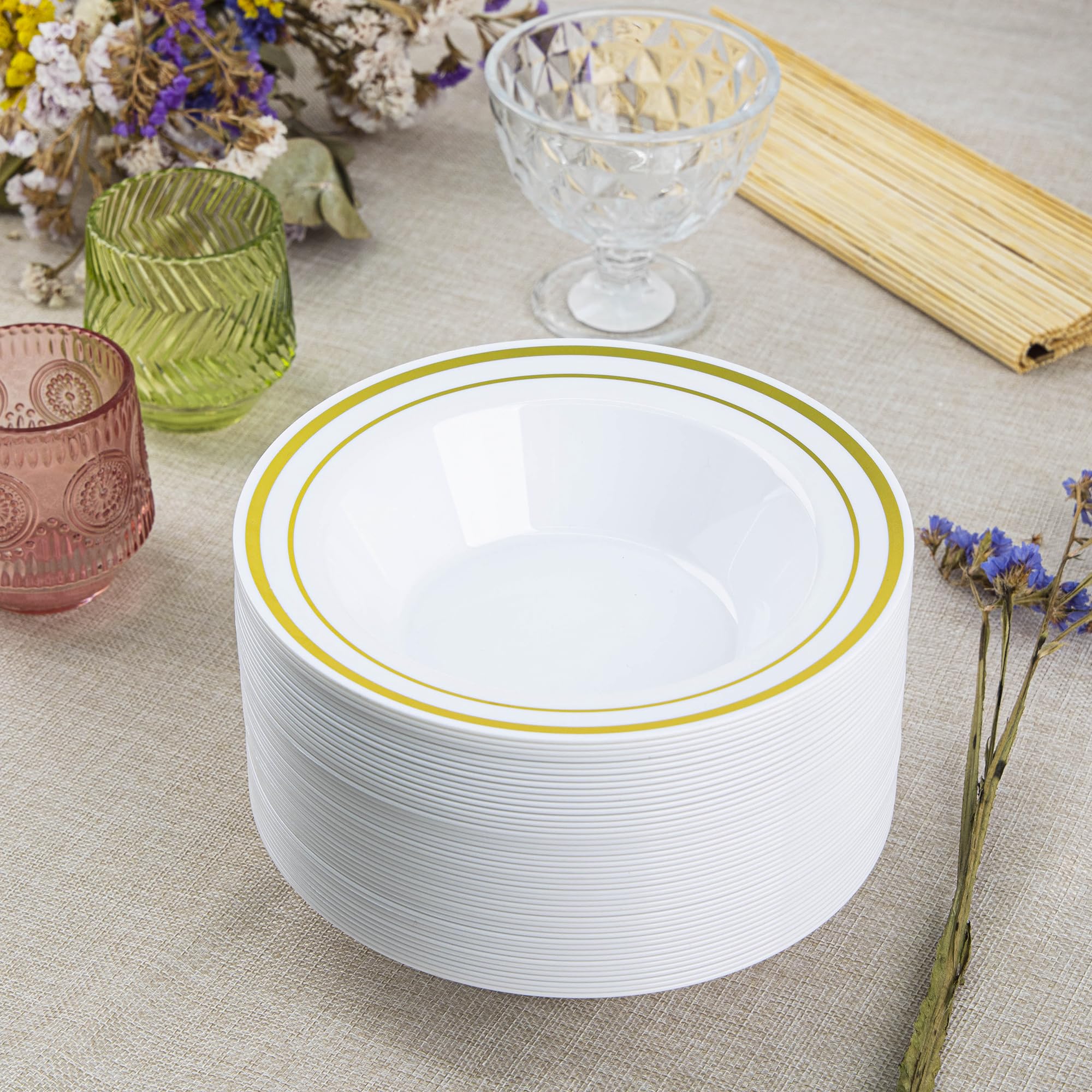 SETUP [12 oz. - 50 Piece] Dessert Soup Bowls with Gold Rim, Bowls Disposable - Premium Heavy-Duty Disposable Soup Bowls for Party, Wedding, and All Occasions