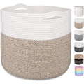 MicroIdeas Large Woven Basket 15.8x13.8in, Cotton Rope Baskets living room, Laundry Basket, Toy Bin, Decorative Round Baskets Storage Organization for Blanket Throw Decor - White Brown