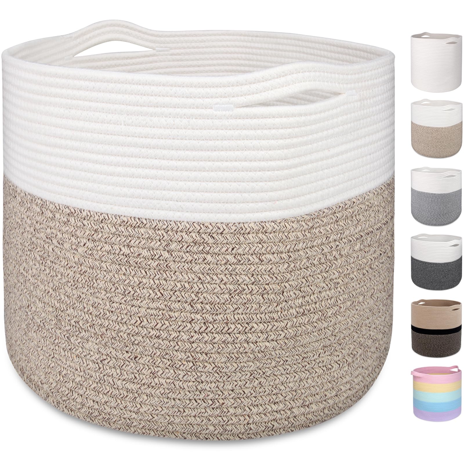 MicroIdeas Large Woven Basket 15.8x13.8in, Cotton Rope Baskets living room, Laundry Basket, Toy Bin, Decorative Round Baskets Storage Organization for Blanket Throw Decor - White Brown