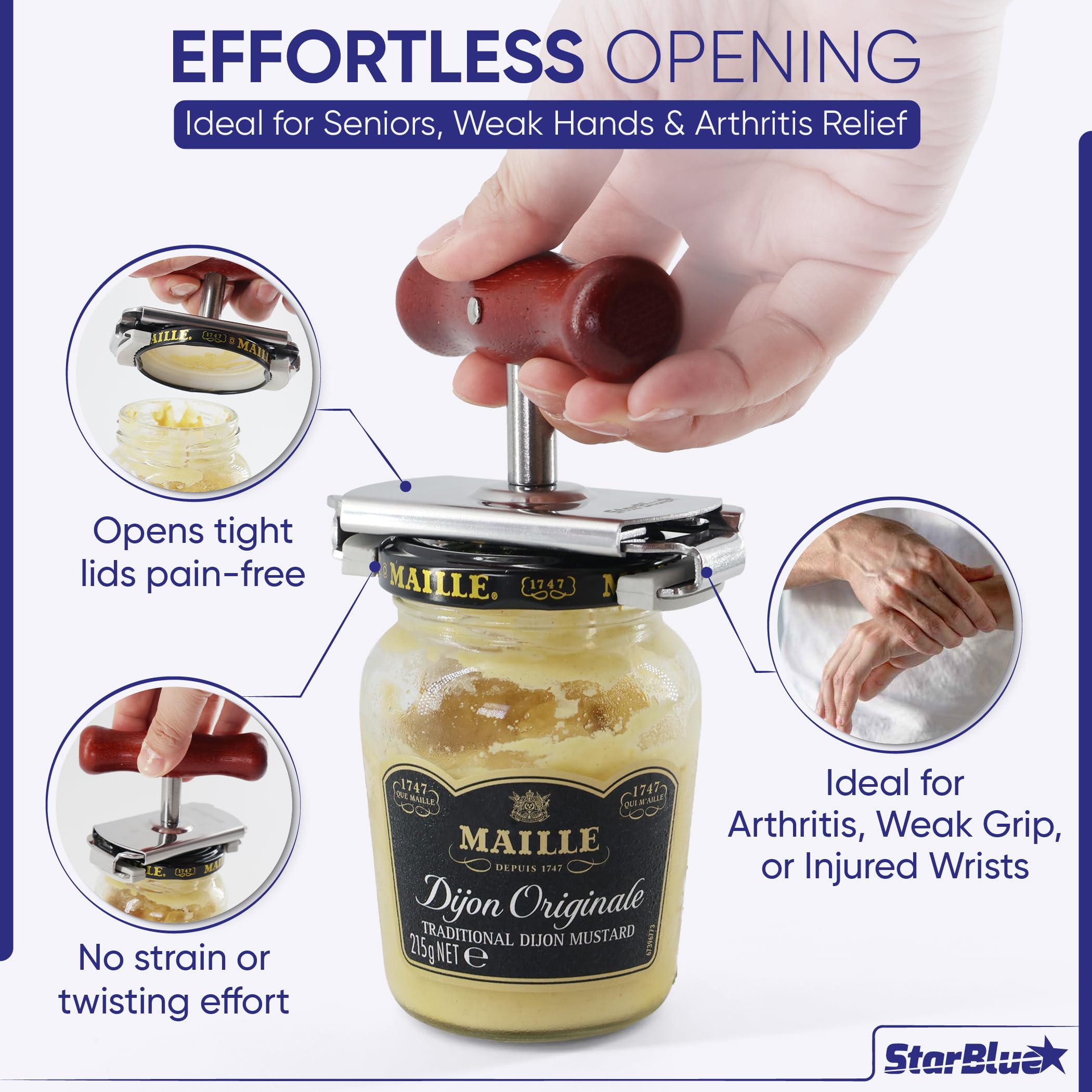 StarBlue Jar Opener for Seniors with Arthritis & Weak Hands – Adjustable Lid Remover Tool for Jars & Bottles – Heavy Duty Stainless Steel with Wood Handle + 2 Extra Anti-Slip Rubber Grips