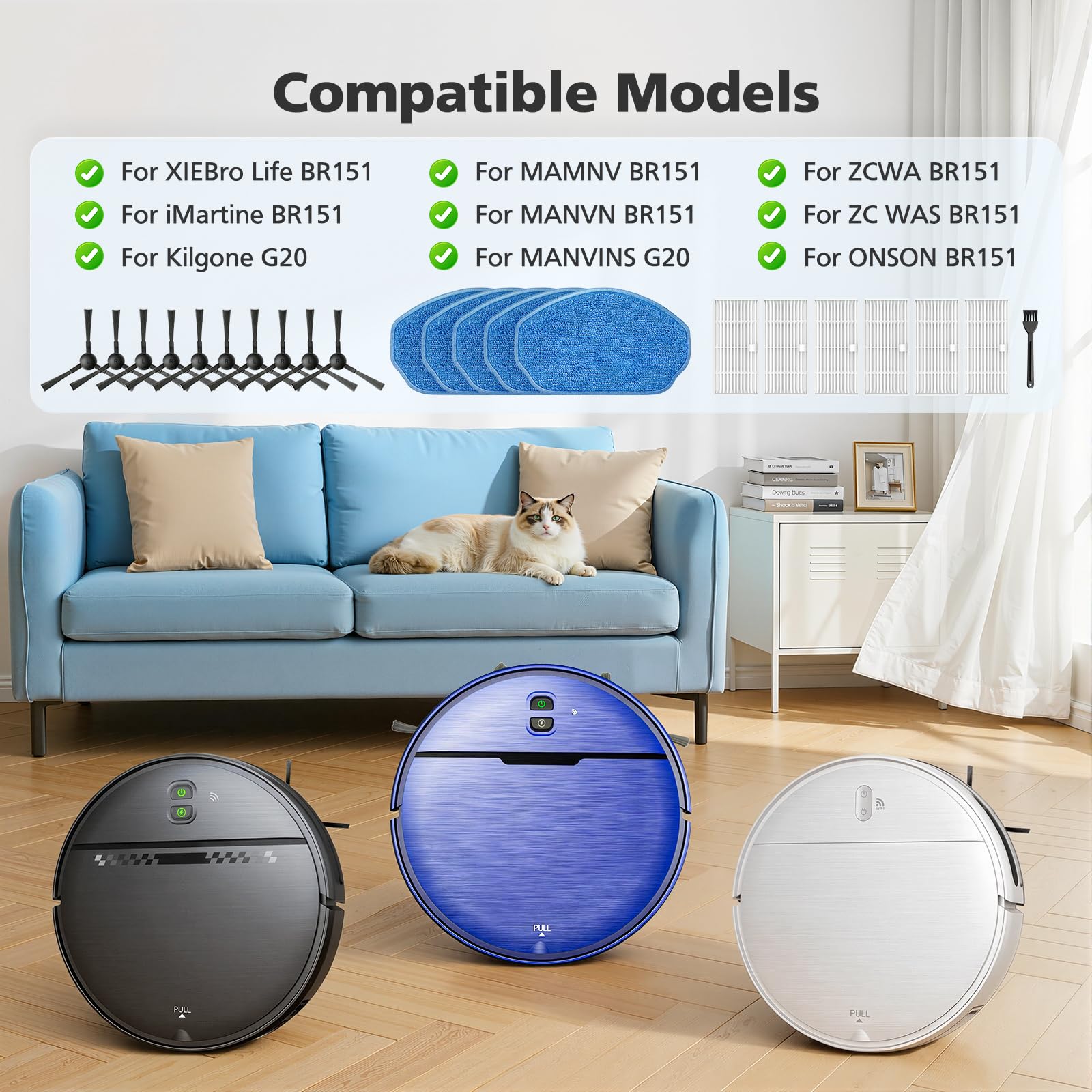 Replacement Parts for MAMNV, ZCWA, MANVINS G20, GTTVO, ONSON BR150/BR151 Robot Vacuum Accessories Kit - 6 Filters, 5 Mop Pads, 10 Side Brushes