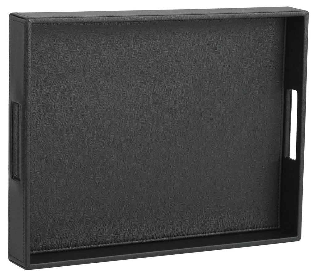 HofferRuffer Rectangle Serving Tray with Hole Handles for Coffee Table, Breakfast, Tea, Food, Butler - Countertop, Kitchen, Vanity Serve Tray, 16.2 x 12.2 x 2 inches, Faux Leather Tray (Black)