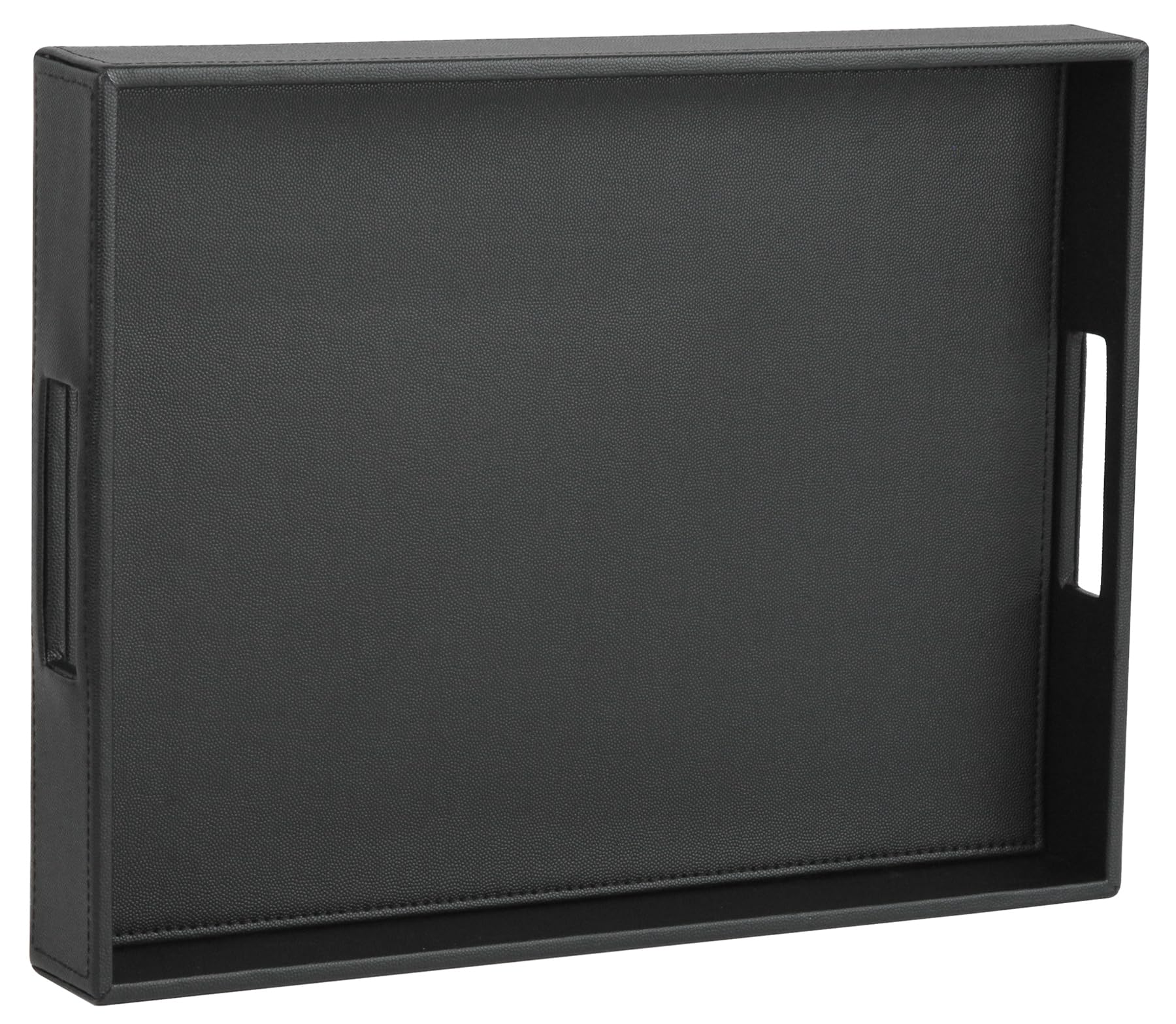 HofferRuffer Rectangle Serving Tray with Hole Handles for Coffee Table, Breakfast, Tea, Food, Butler - Countertop, Kitchen, Vanity Serve Tray, 16.2 x 12.2 x 2 inches, Faux Leather Tray (Black)