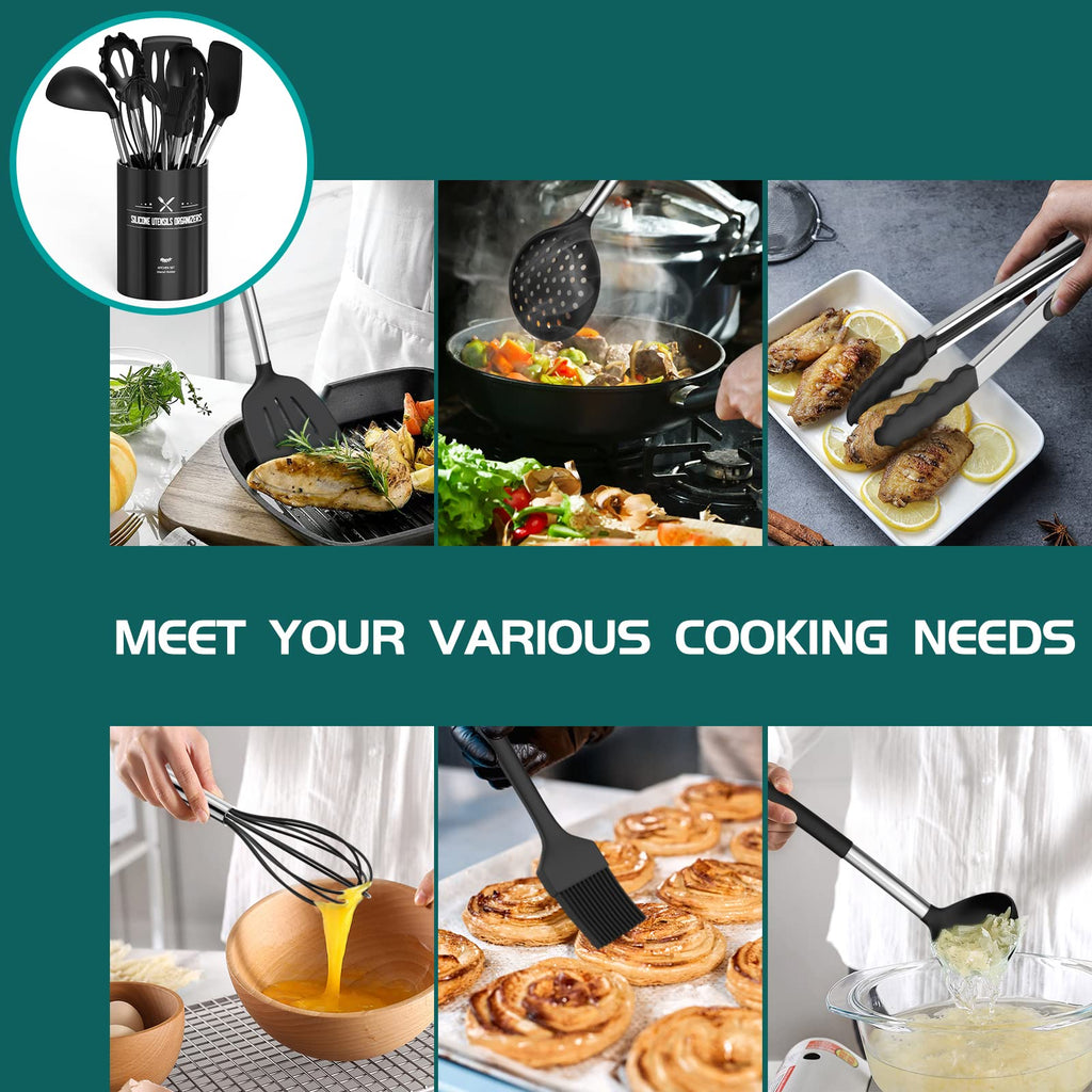 Silicone Cooking Utensil Set, Umite Chef 15pcs Silicone Cooking Kitchen Utensils Set, Non-Stick Heat Resistant - Best Kitchen Cookware with Stainless Steel Handle - Black