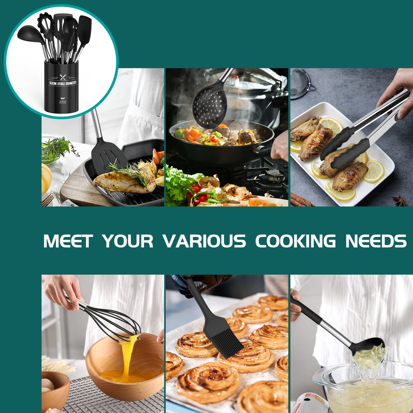 Silicone Cooking Utensil Set, Umite Chef 15pcs Silicone Cooking Kitchen Utensils Set, Non-Stick Heat Resistant - Best Kitchen Cookware with Stainless Steel Handle - Black