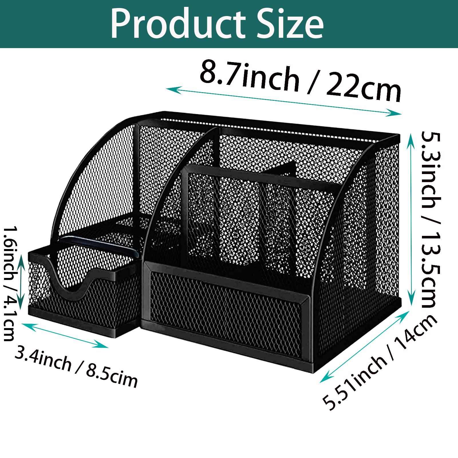 PYJLBX Desk Organizer, Pen Holder Desk Accessories, Metal Mesh Desk Organizers and Storage, Pencil Holder Desk Organizers Office Supplies Caddy Desk Storage with Draw for Home, Office, School (Black)