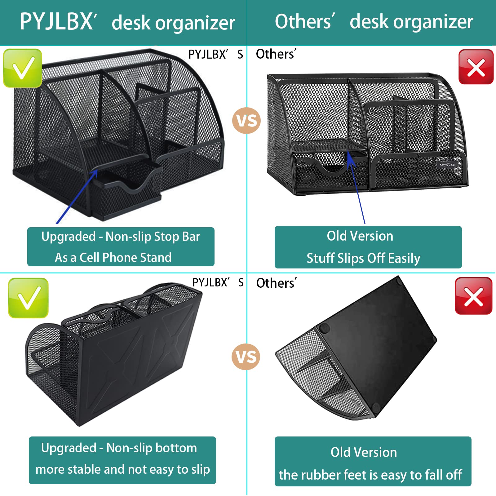 PYJLBX Desk Organizer, Pen Holder Desk Accessories, Metal Mesh Desk Organizers and Storage, Pencil Holder Desk Organizers Office Supplies Caddy Desk Storage with Draw for Home, Office, School (Black)