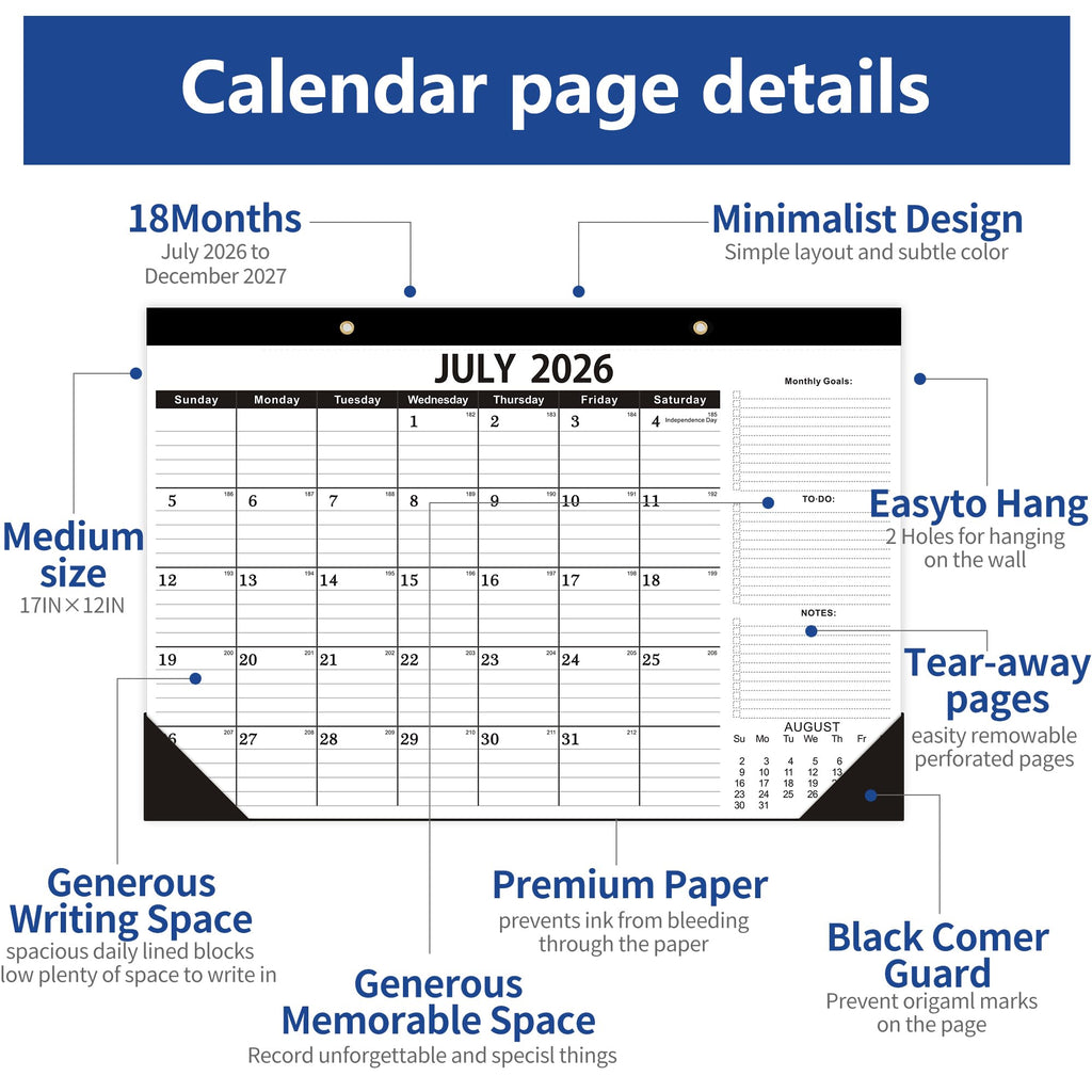Wabhas Desk Calendar 2026-2027,July 2026 to December 2027,Desk Calendar 2026-2027 with to-do List,18 Months Calendar 2026-2027,17" x 12" Calendar 2026