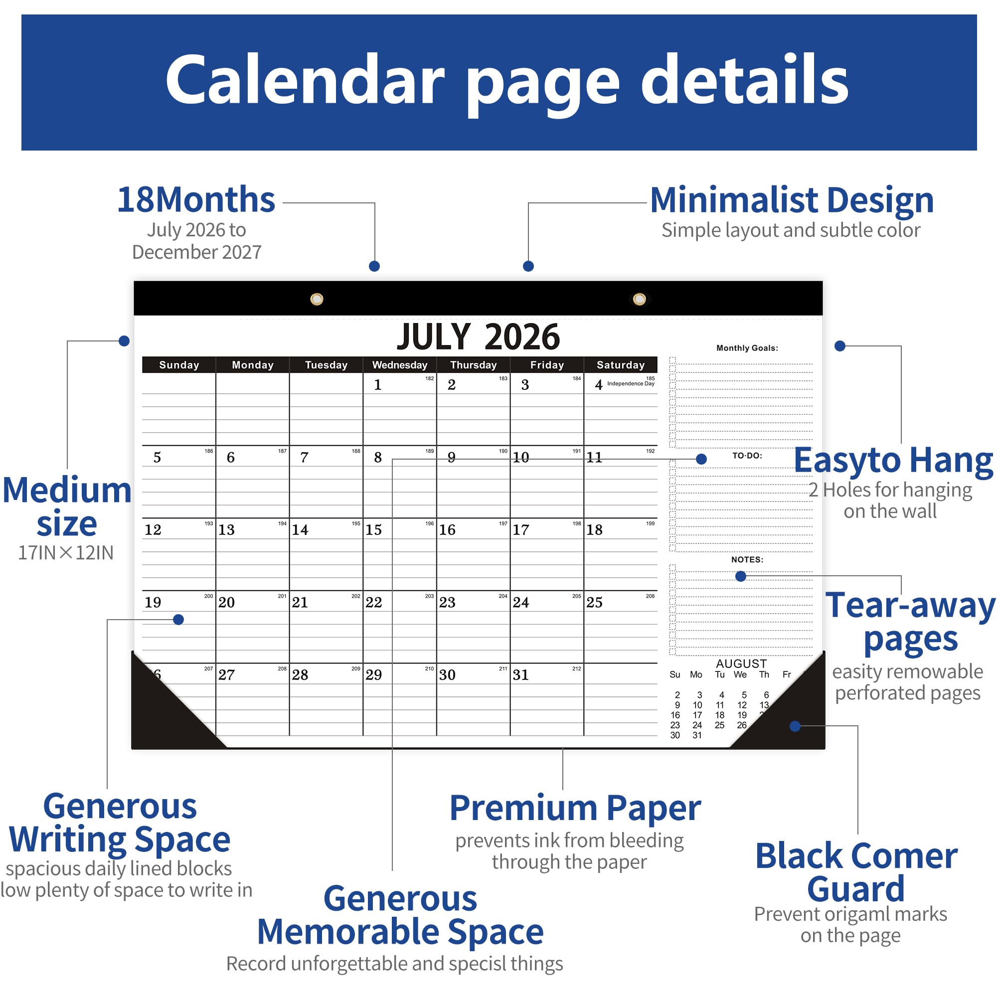 Wabhas Desk Calendar 2026-2027,July 2026 to December 2027,Desk Calendar 2026-2027 with to-do List,18 Months Calendar 2026-2027,17" x 12" Calendar 2026