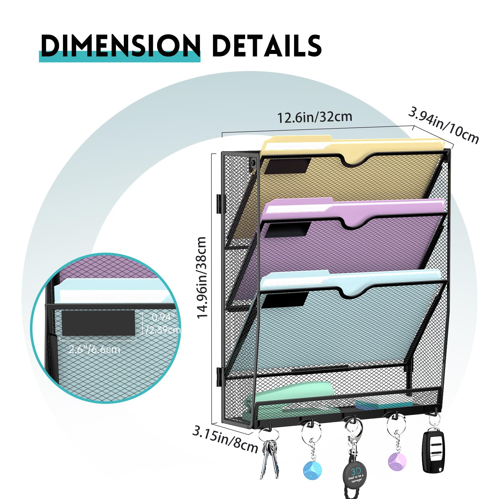 4 Tier Hanging Wall File Organizer with 5 Hooks, Mesh Wall File Holder Vertical Paper Organizer for Mail, Folders, Magazines, Bills, Office and School