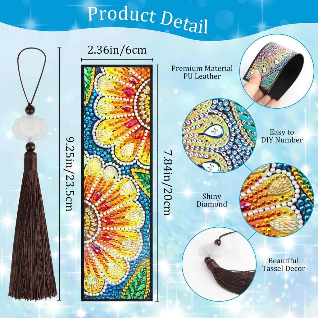 EEEKit 6 PCS DIY Diamonds Painting Bookmarks, Book Mark Diamond Art Kits for Adult Crafts, Floral Tassel Leather Diamond Drawing Page Bookmark for Book Lovers
