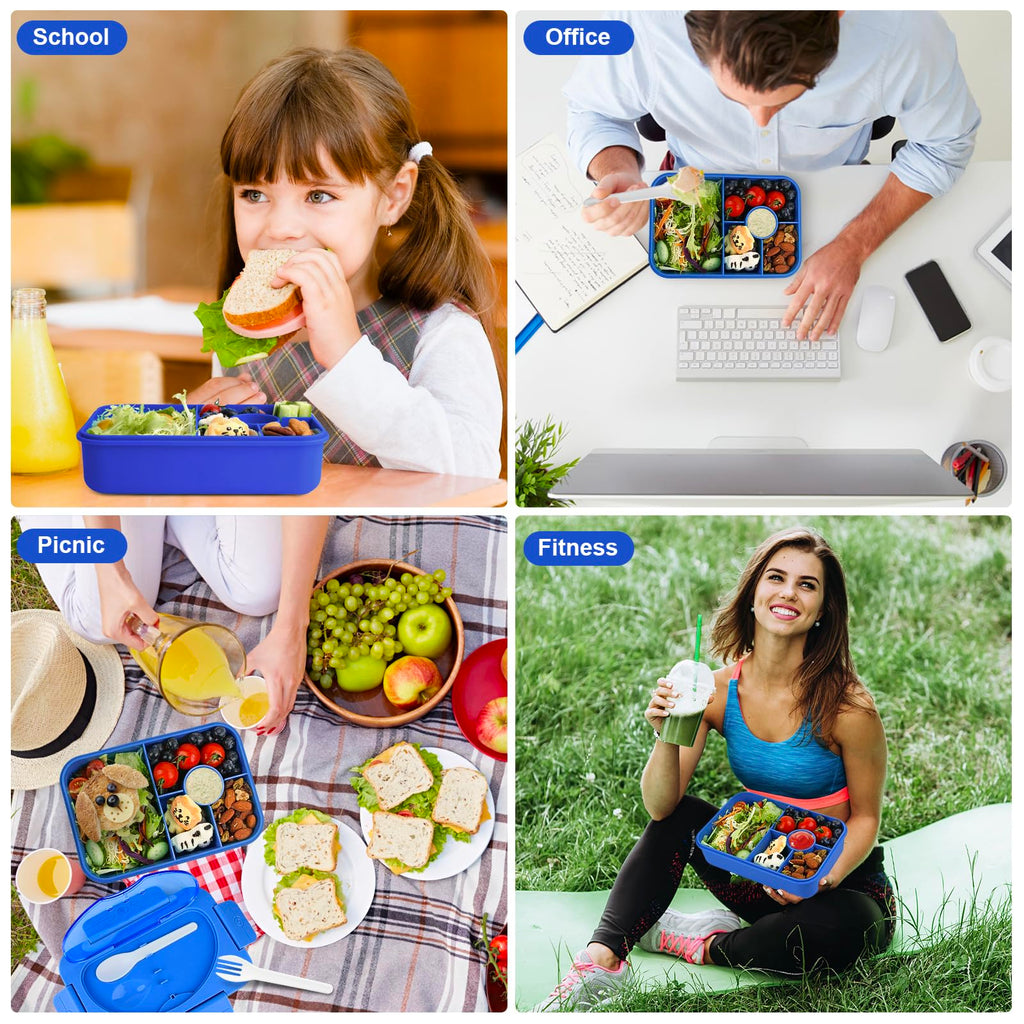 Lunbxx Kids Lunch Box, Bento Lunch Boxes for Kids, 5 Compartments Lunch Containers for Adults Kids,Bento Box Adult Lunch Box with Utensil Reusable & Leakproof (Bright Blue)