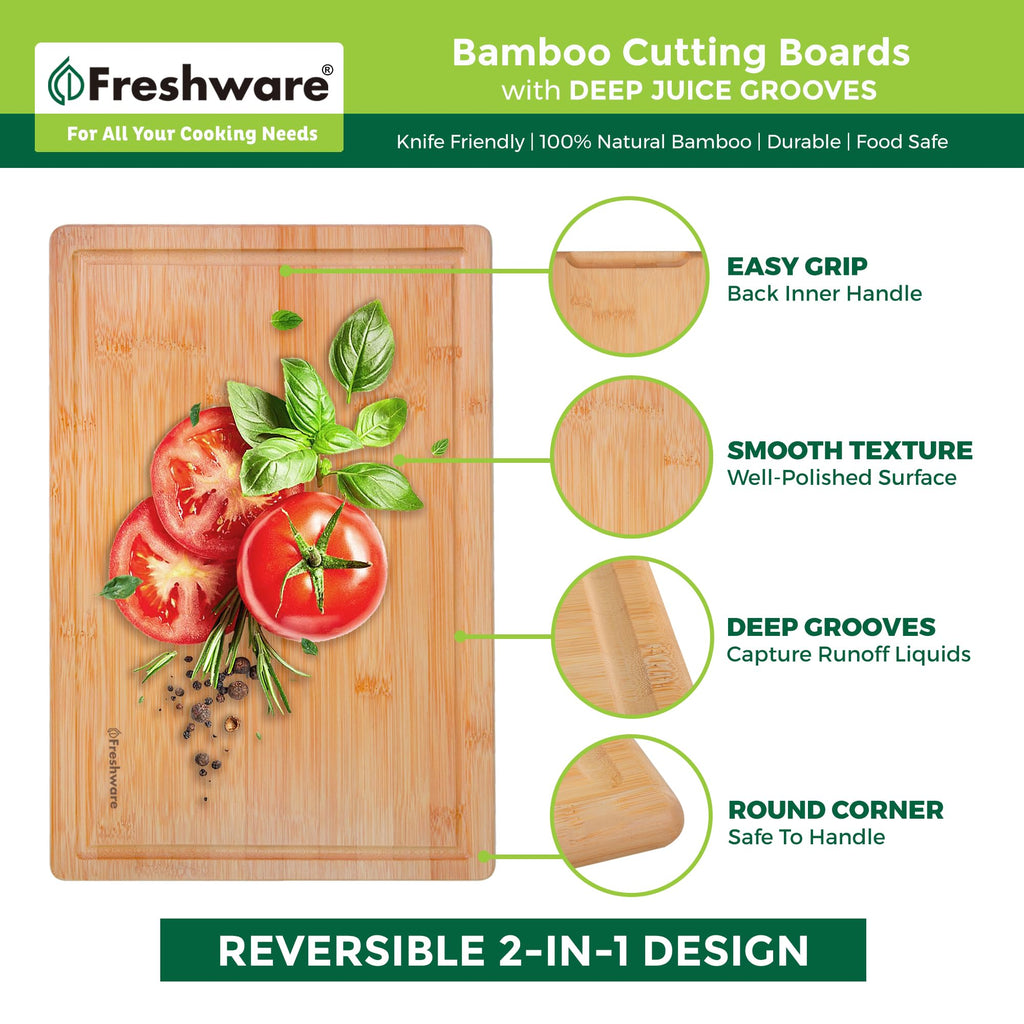 Freshware Wood Cutting Boards for Kitchen - Bamboo Cutting Board Set of 3, Cutting Boards with Juice Grooves, Serving Board Set, Chopping Board for Meat, Veggie, Easy Grip Handle (9x6, 12x8, 15x10)