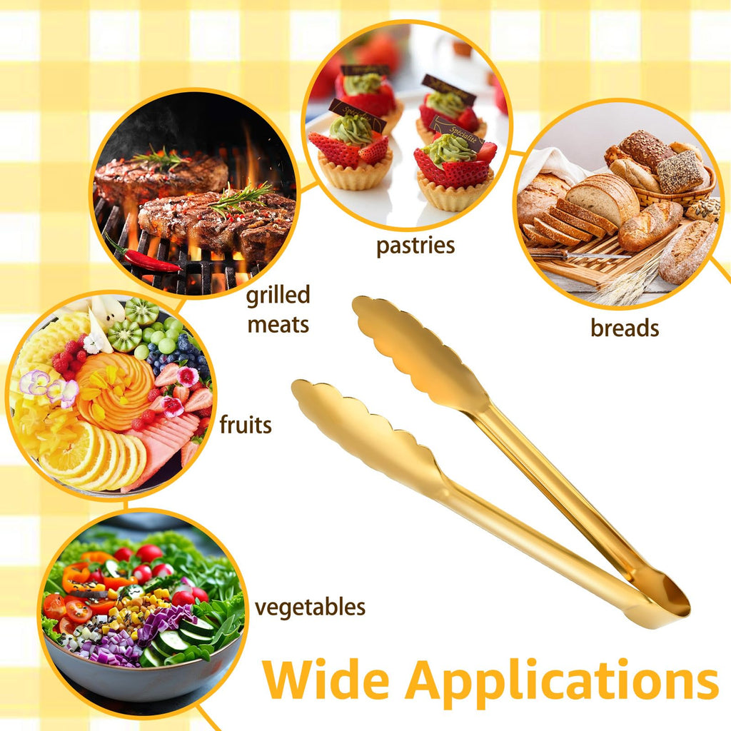 Worldity 10 Pack Gold Serving Tongs, Non-Slip & Easy Grip Golden Kitchen Utensils, Stainless Steel Gold Serving Tongs for Buffet, Salad Tongs for Bread, Fruit, Ice, Appetizer, Barbecue