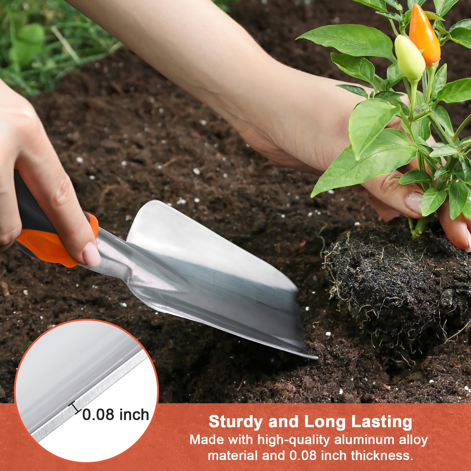Garden Tools Set, 3 Pack Heavy Duty Gardening Tools Set Include Garden Shovel, Transplant Trowel and Hand Rake with Ergonomic Non-Slip Handle, Aluminum Alloy Lawn for Planting, Orange