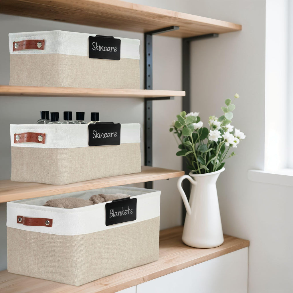 DECOMOMO Labels for Storage Bins – 20 Clip on Chalkboard Labels & 32 Removable Sticker Labels with White Chalk Marker