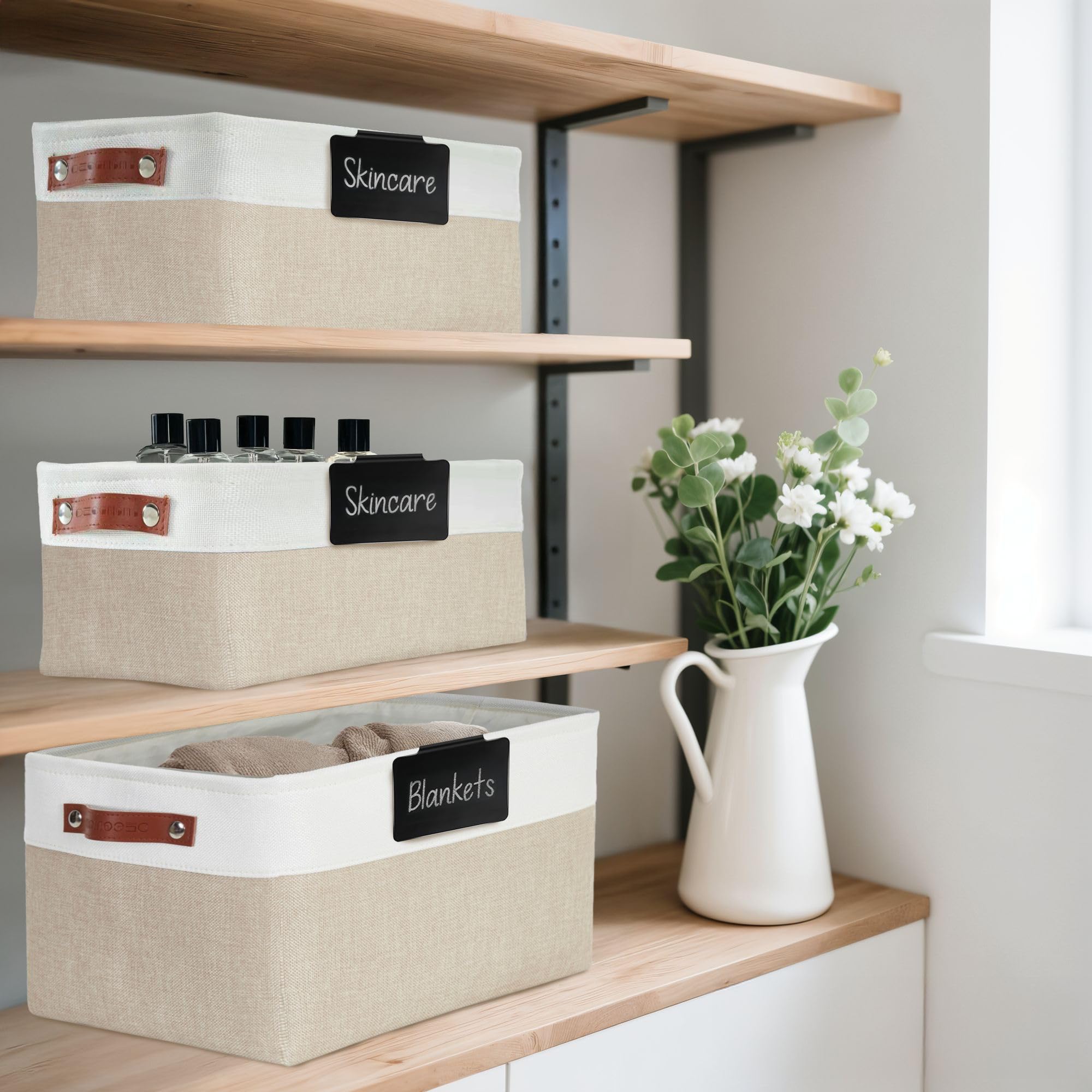 DECOMOMO Labels for Storage Bins – 20 Clip on Chalkboard Labels & 32 Removable Sticker Labels with White Chalk Marker