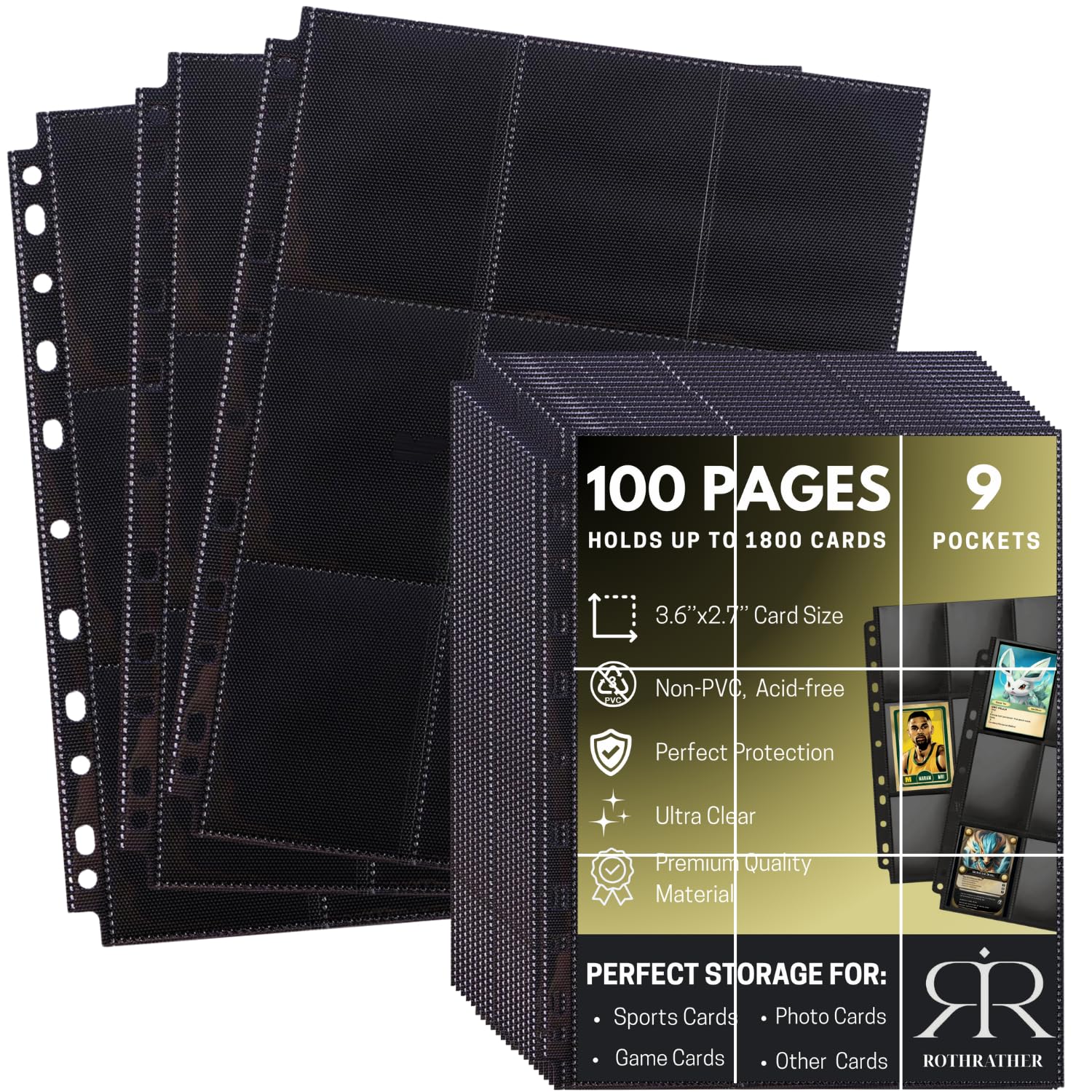 ROTHRATHER 100 Pack 1800 Black Pockets Trading Card Sleeve Pages - Baseball Card Sleeves for 3 Ring Binders - Standard Size Sheet Protectors for Trading, Sports, Game, and Photo Cards