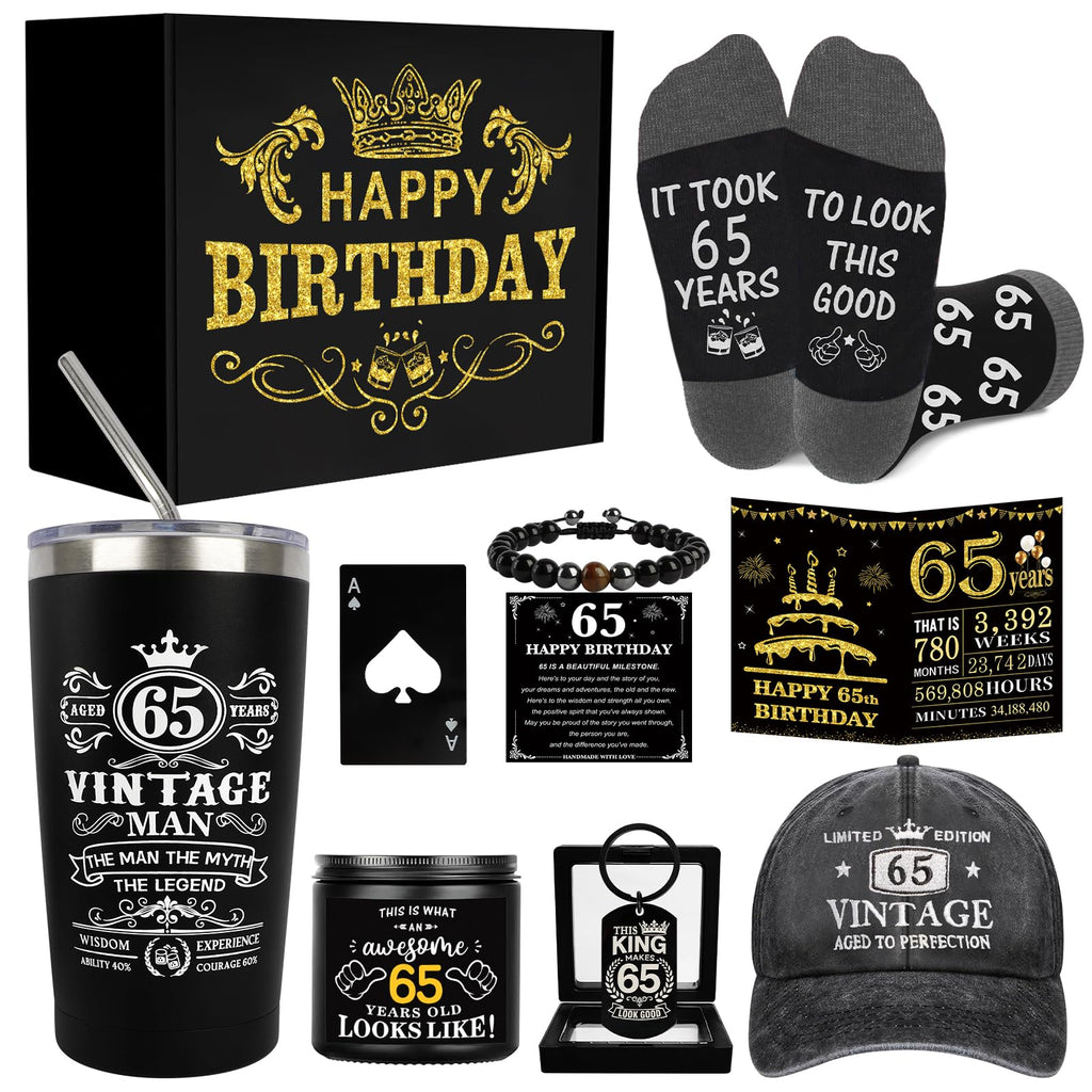 65th Birthday Gifts for Men - Unique Birthday Box with 20 Oz Tumbler, Baseball Cap, Socks, Bracelets, Happy 65th Birthday Decorations for Husband, Dad, Grandpa, Friends, Boss