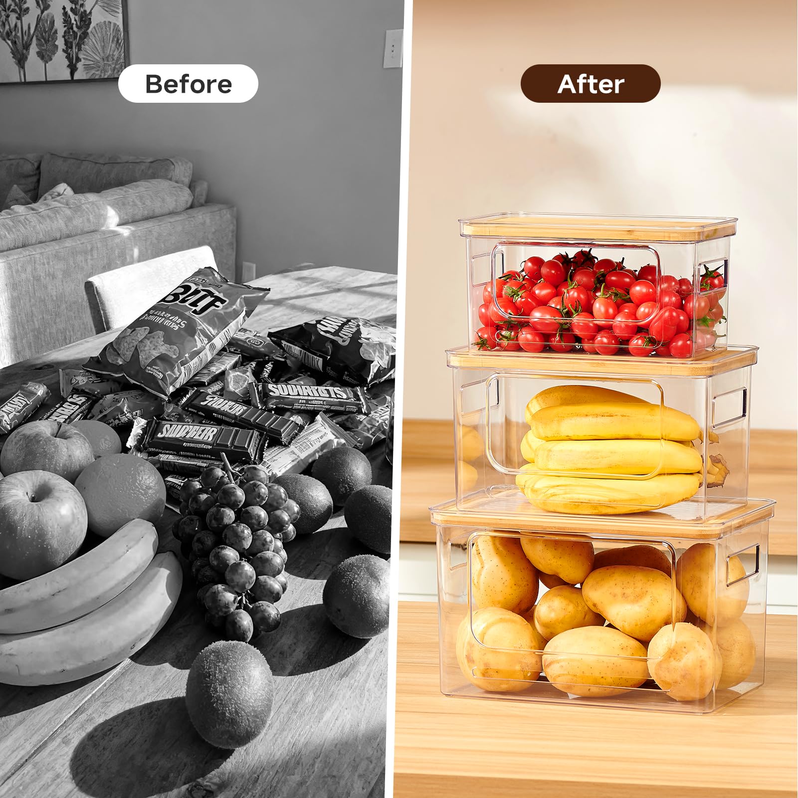 Kithero Trash Bag Holder 3-Pack,Trash Bag Dispenser with Bamboo Lid, Stackable Acrylic Garbage Bag Dispenser for Under Sink Use in Kitchen, Laundry Room, and Pantry, Large Capacity Garbage Bag Holder