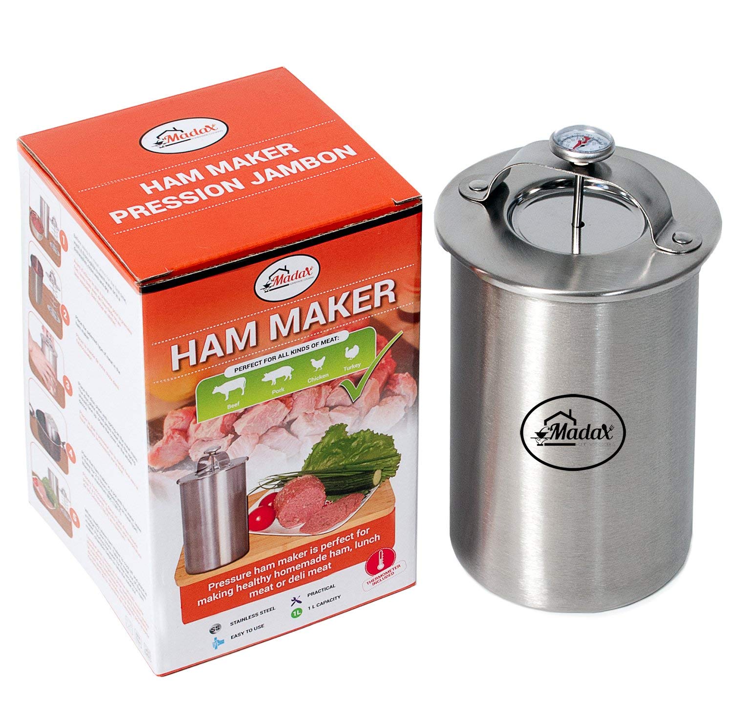 Proudly Canadian Madax Ham Maker - Stainless Steel Meat Press for Making Healthy Homemade Deli Meat with Thermometer and Cooking Bags