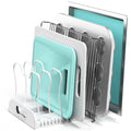Simple Houseware Adjustable Pot Lid and Pan Organizer Rack - 7-Compartment Kitchen Cabinet & Pantry Storage for Bakeware, Cutting Boards, and Cookie Sheets, White
