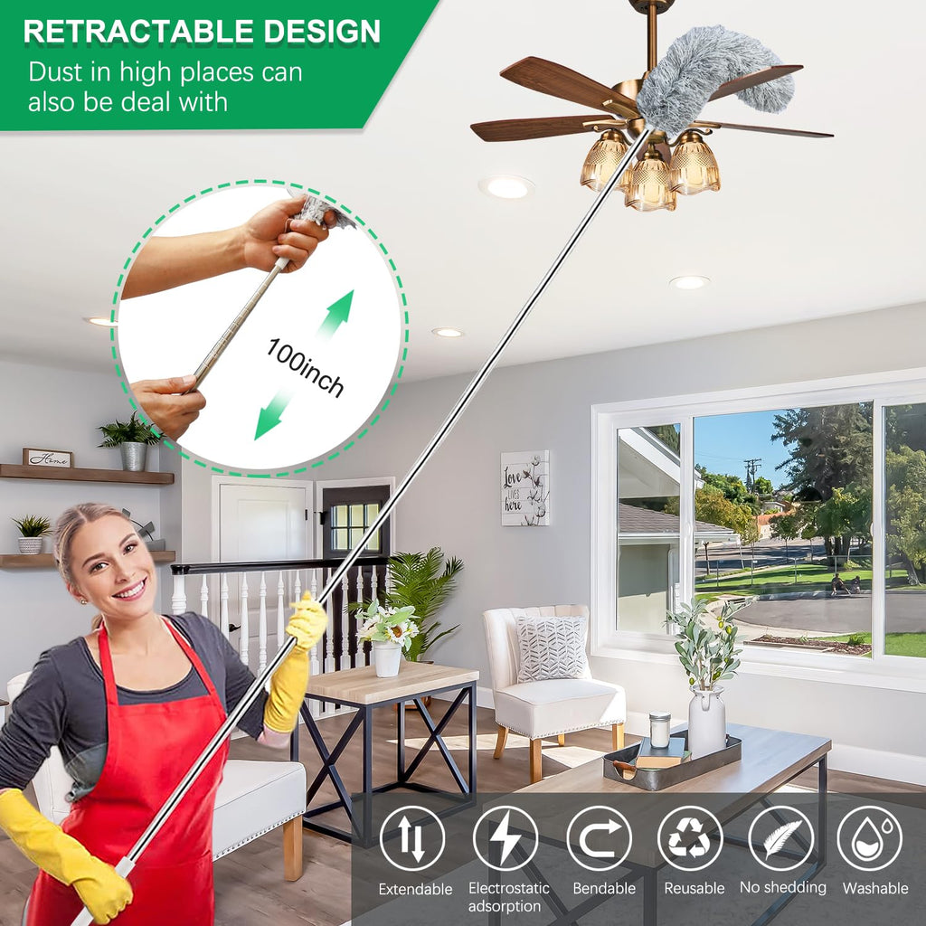100-inch Extra-Long Dusters, Cleaner Tools with Extension Pole and Bendable and Washable Microfiber Head, Feather Duster for High Ceilings,Ceiling Fan,Furniture