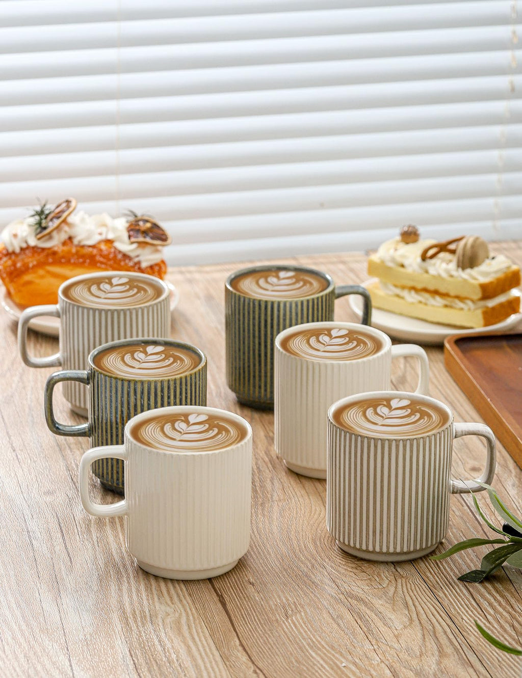 Seyatoo Coffee Mugs Set of 4, Ceramic Ribbed Coffee Mug, Tea Coffee Cups Set with Handle, Porcelain Mug for Americano, Latte, Cappuccino, Hot Chocolate, Glazed White